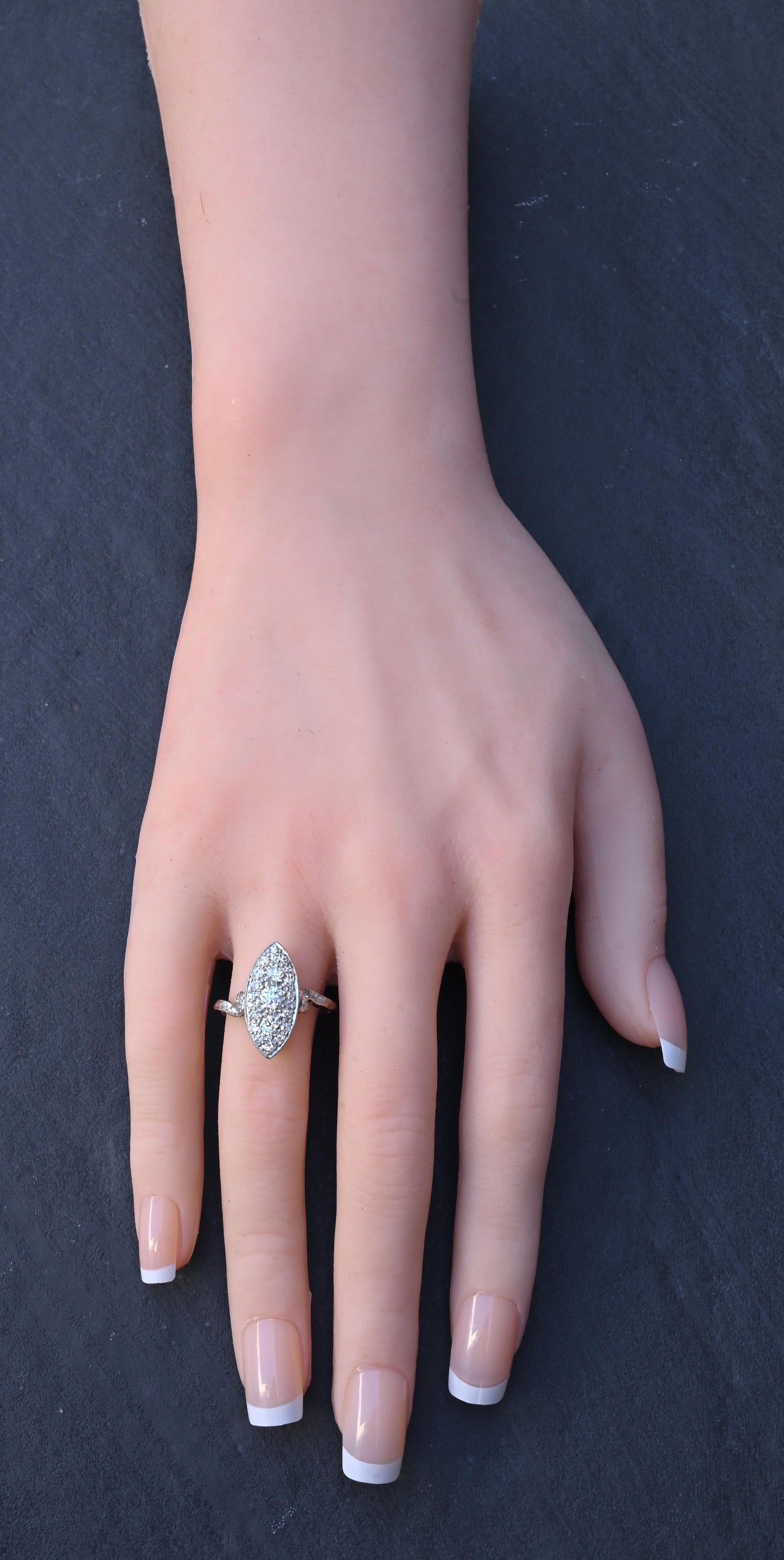 Antique Art Deco Platinum 27-Diamond Marquise Navette Dinner Ring 1.07 CWT Size