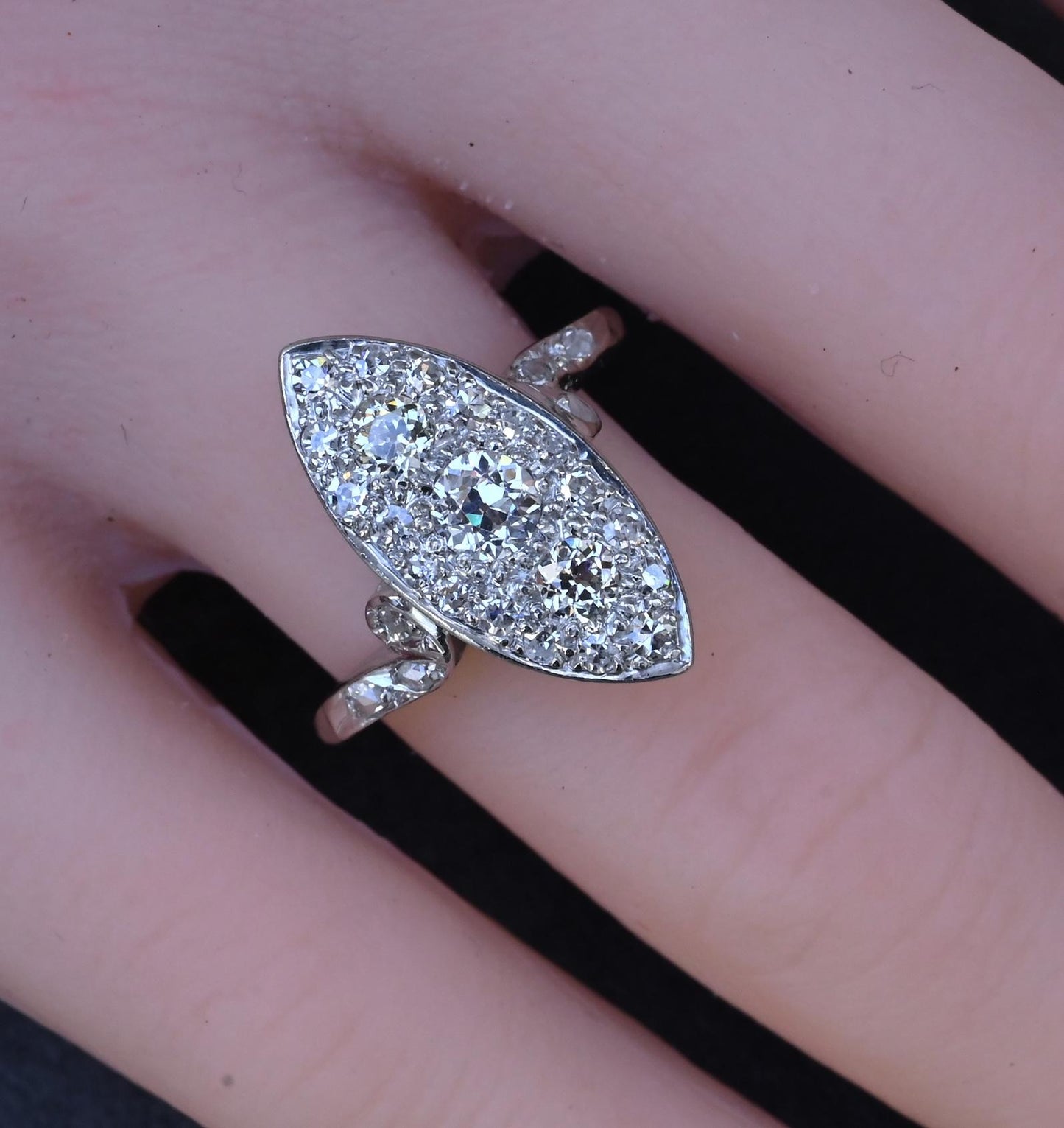 Antique Art Deco Platinum 27-Diamond Marquise Navette Dinner Ring 1.07 CWT Size