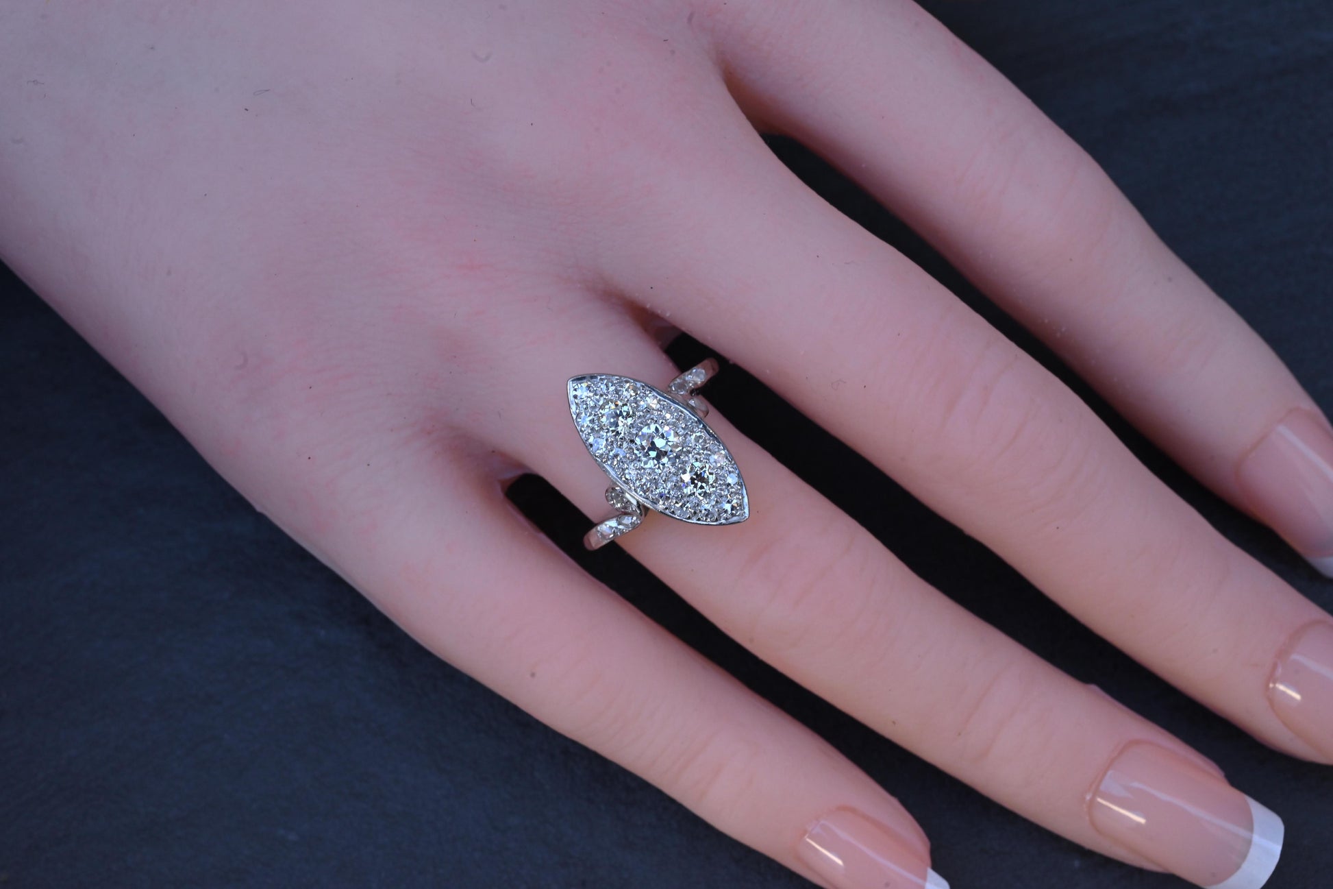 Antique Art Deco Platinum 27-Diamond Marquise Navette Dinner Ring 1.07 CWT Size