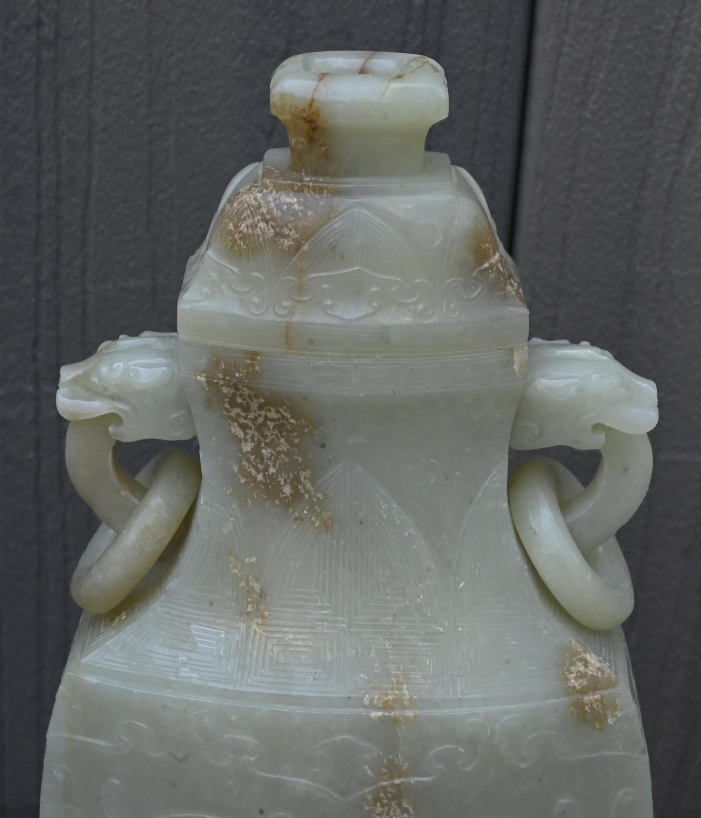 Large Antique Chinese Archaistic Hand-Carved Jade Covered Vase