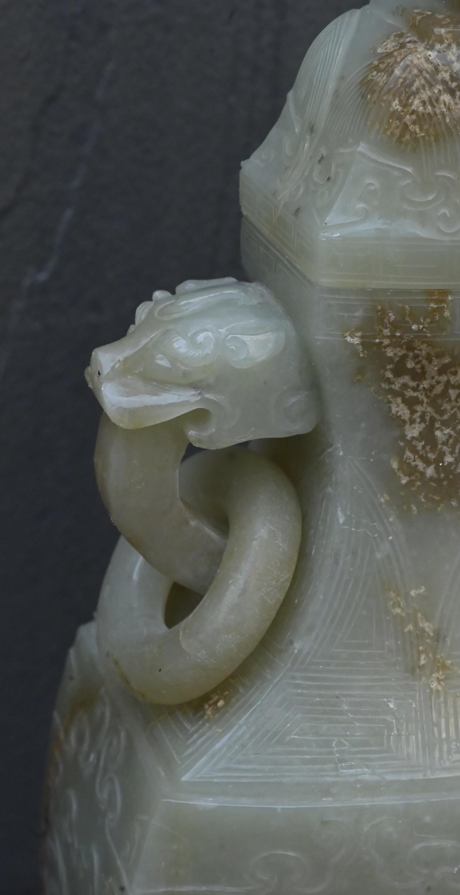 Large Antique Chinese Archaistic Hand-Carved Jade Covered Vase