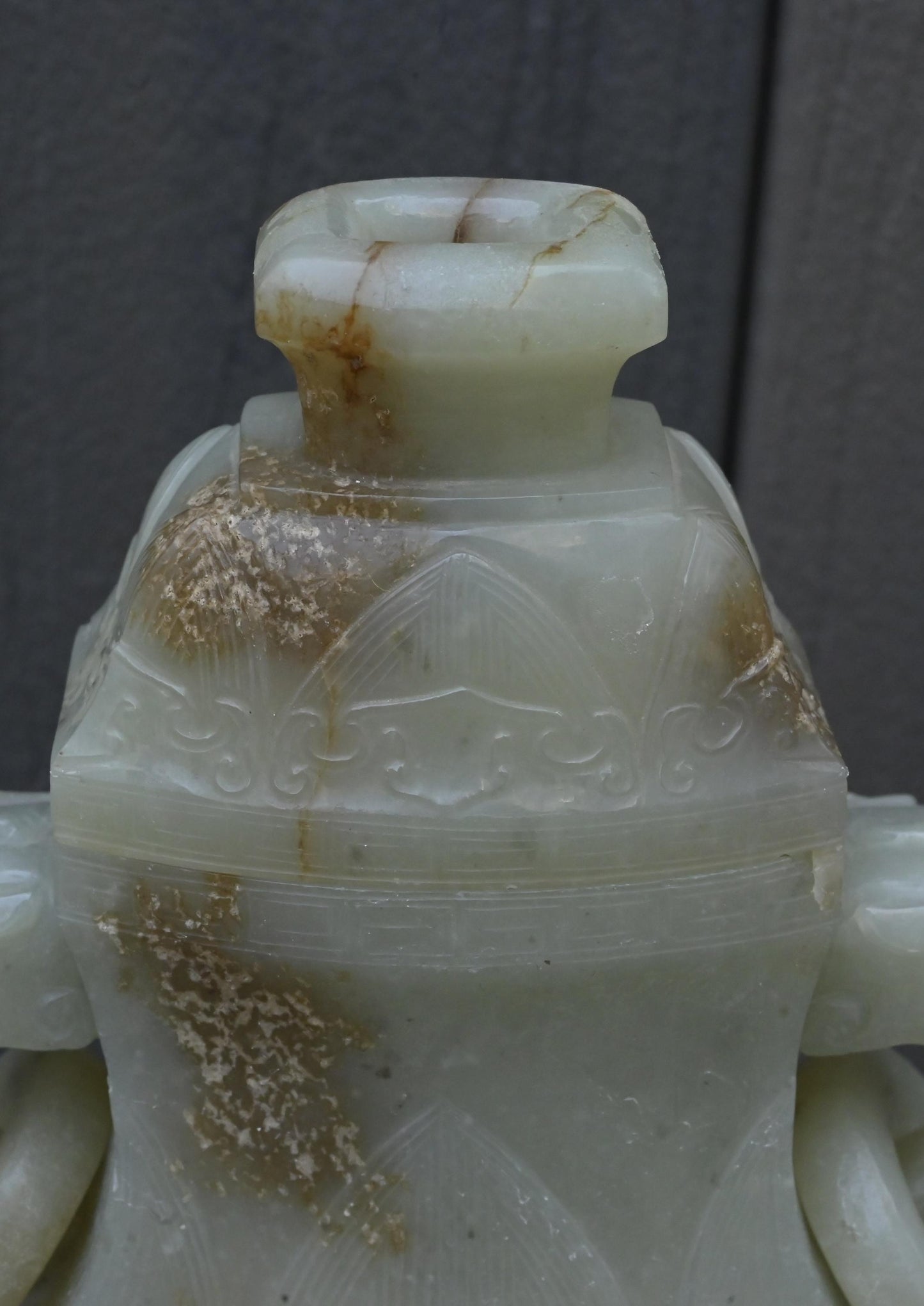 Large Antique Chinese Archaistic Hand-Carved Jade Covered Vase