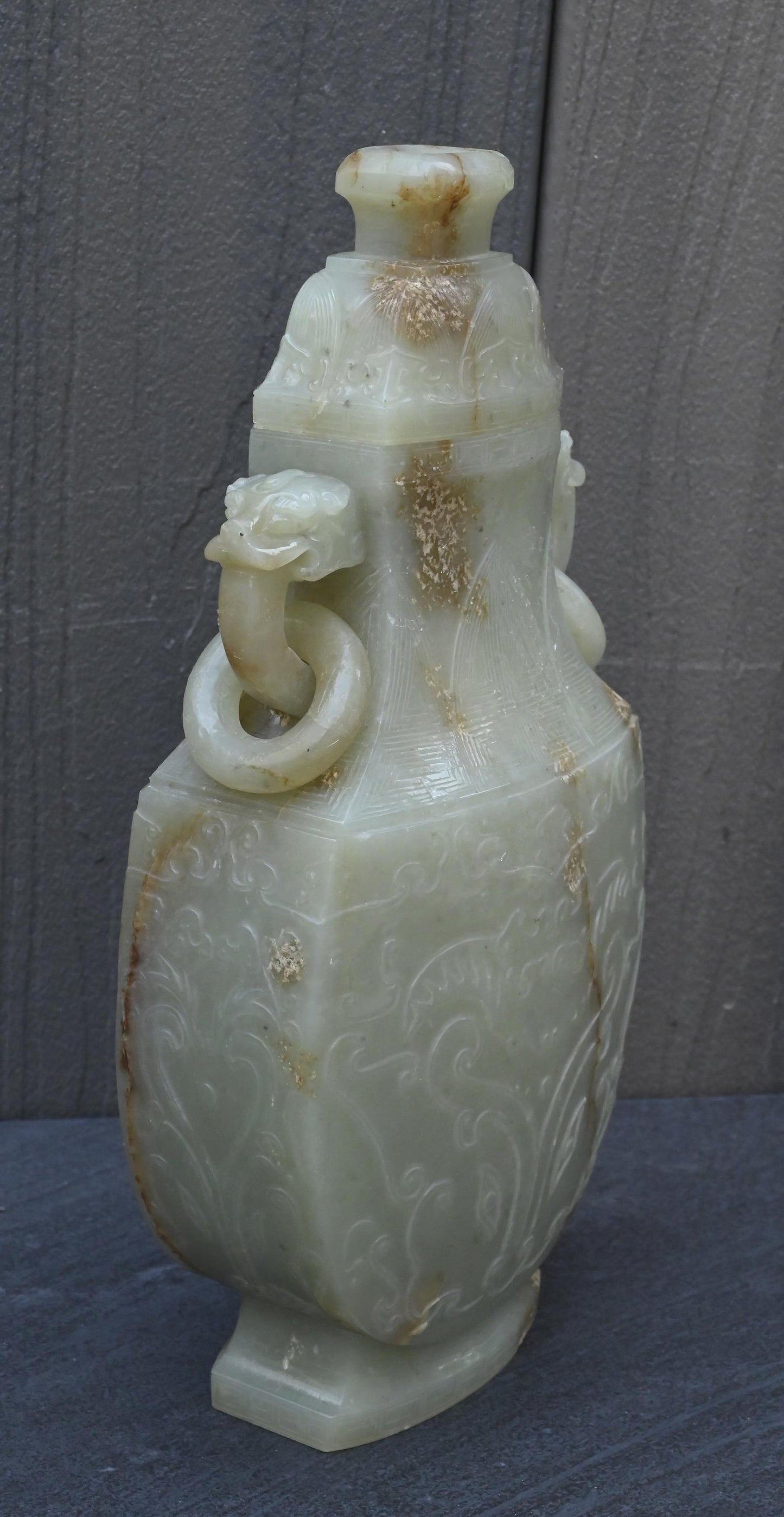 Large Antique Chinese Archaistic Hand-Carved Jade Covered Vase