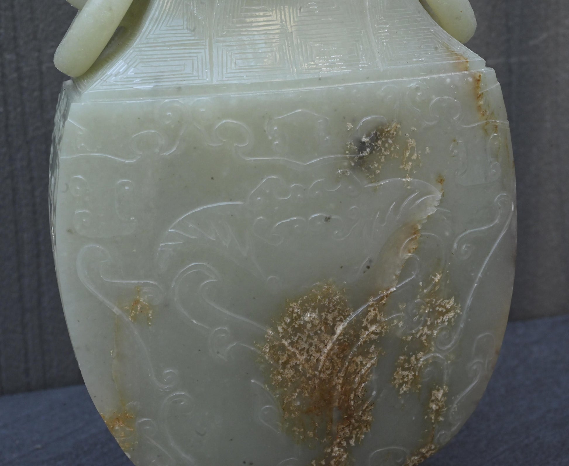 Large Antique Chinese Archaistic Hand-Carved Jade Covered Vase