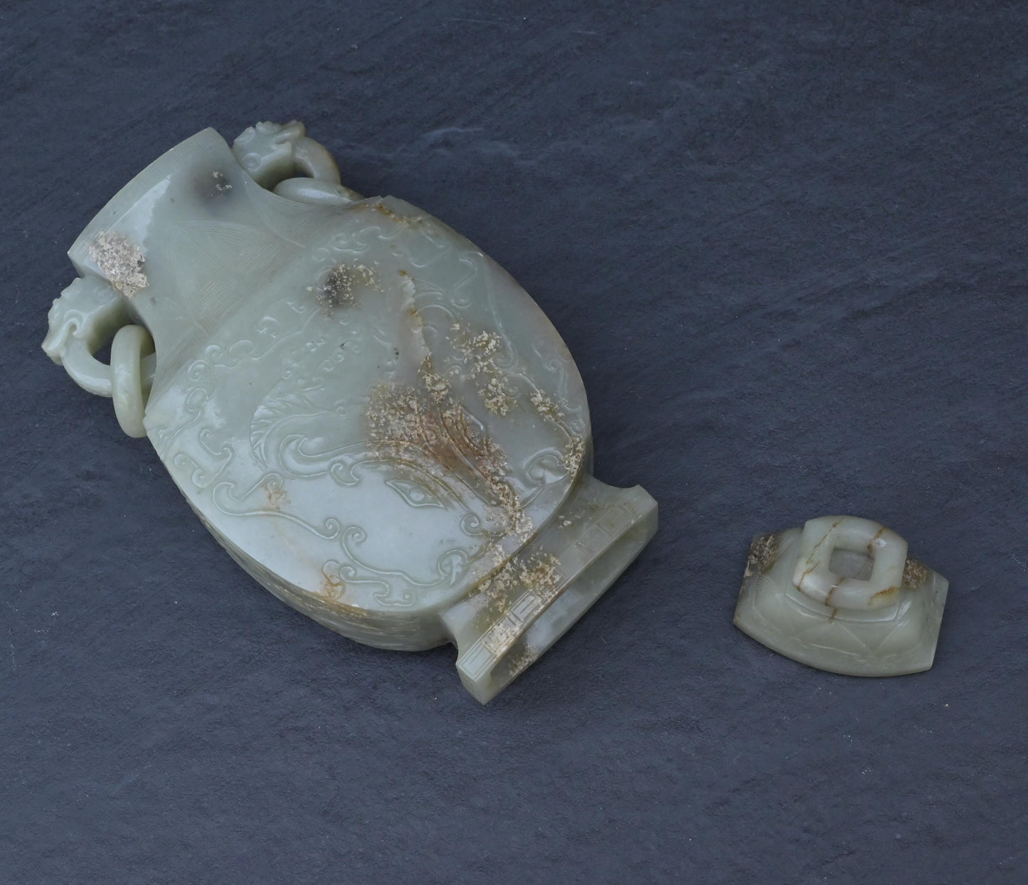 Large Antique Chinese Archaistic Hand-Carved Jade Covered Vase