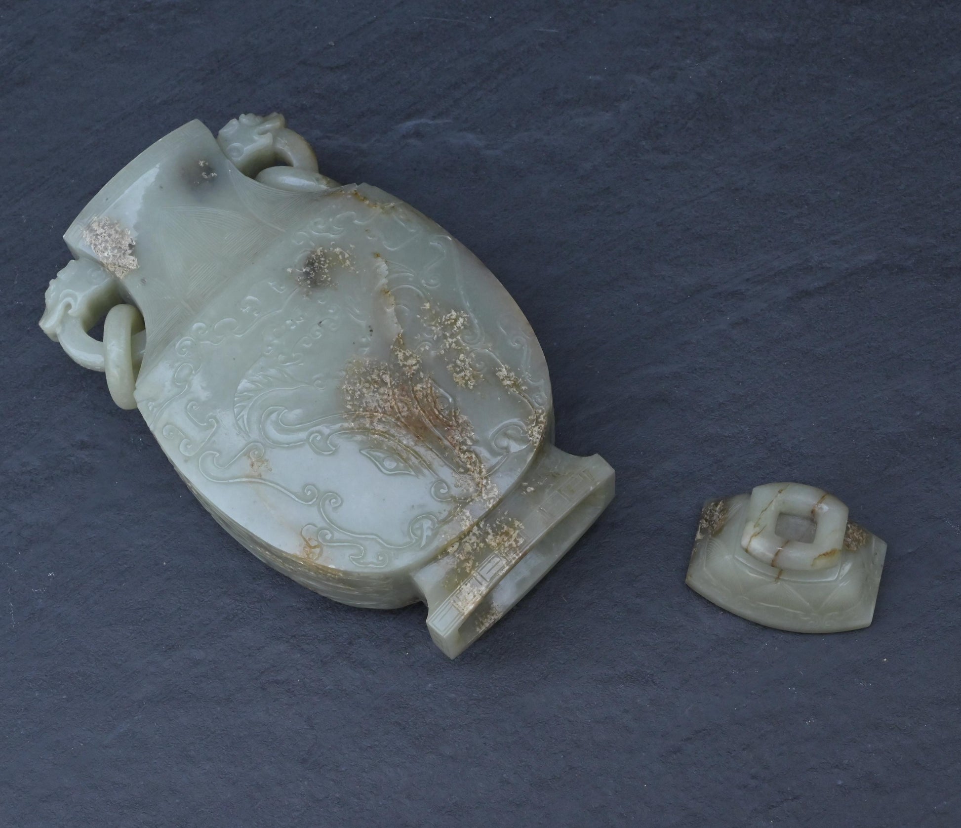 Large Antique Chinese Archaistic Hand-Carved Jade Covered Vase