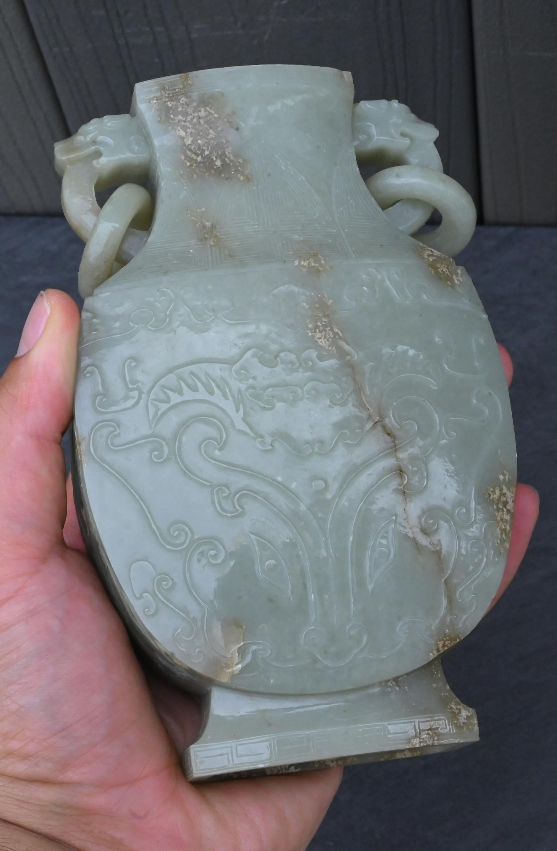 Large Antique Chinese Archaistic Hand-Carved Jade Covered Vase