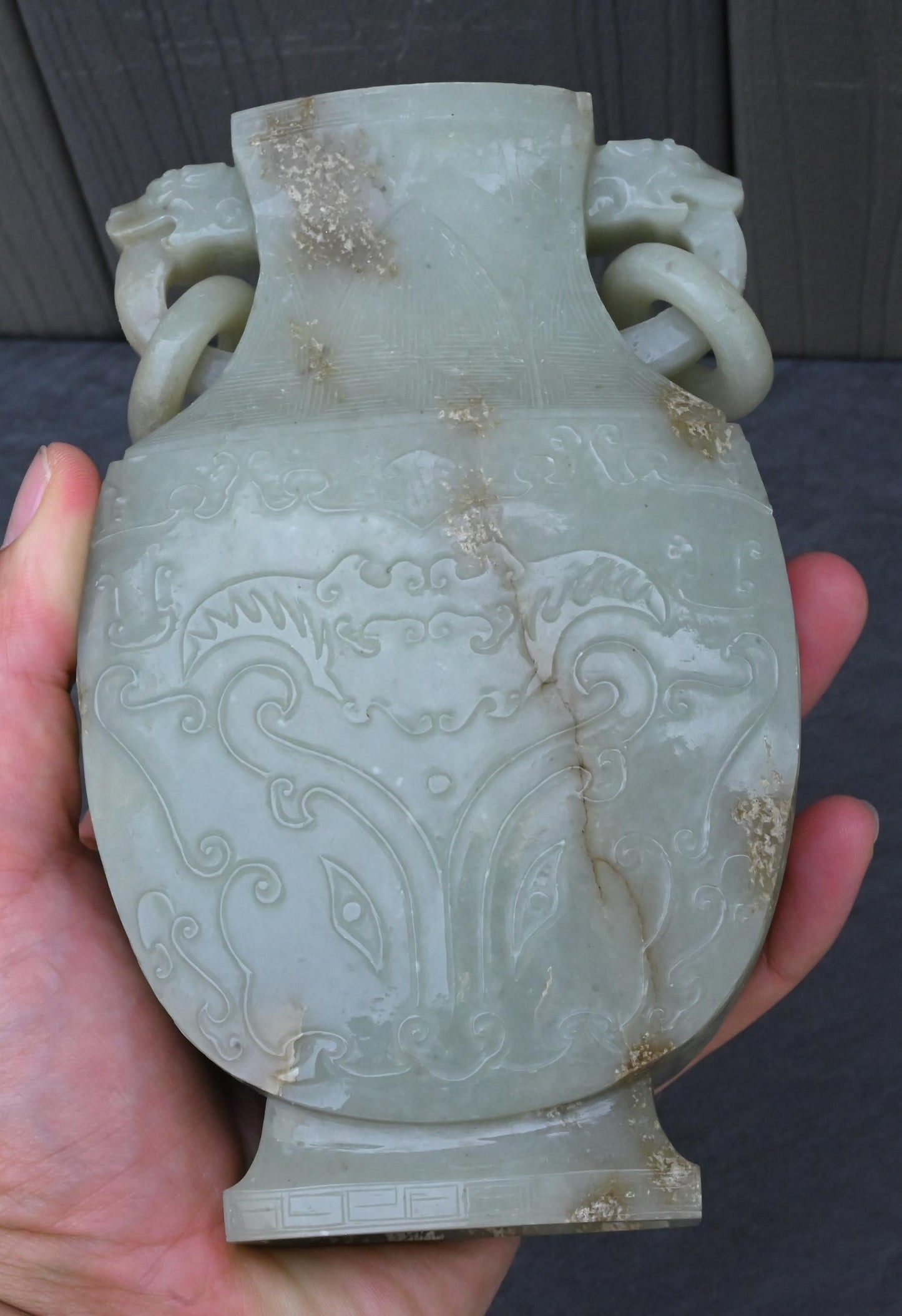 Large Antique Chinese Archaistic Hand-Carved Jade Covered Vase