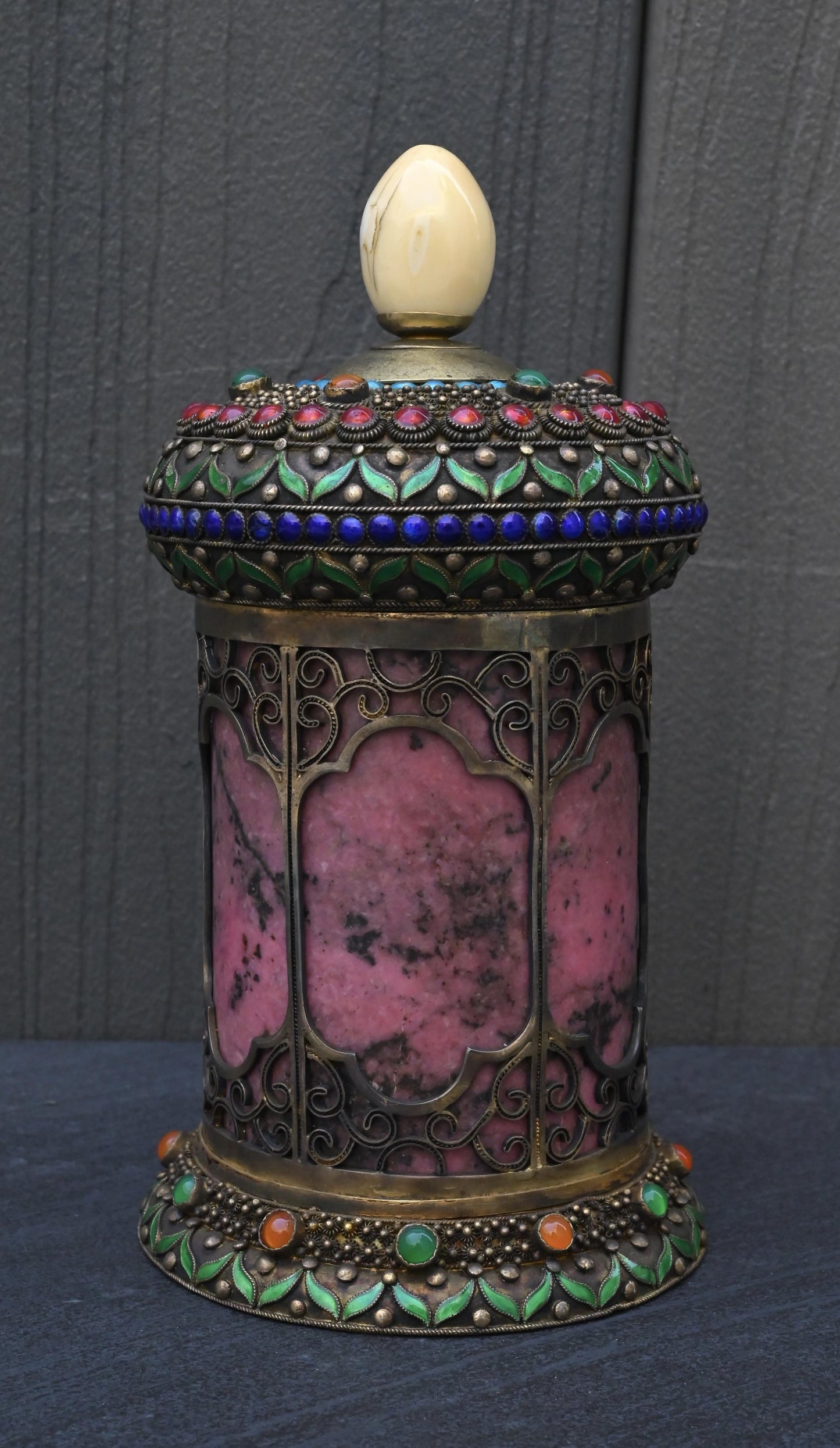 Antique Chinese Silver Enamel Tea Caddy With Fine Gems All Around
