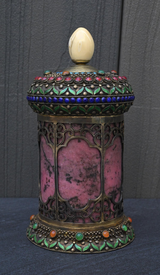 Antique Chinese Silver Enamel Tea Caddy With Fine Gems All Around