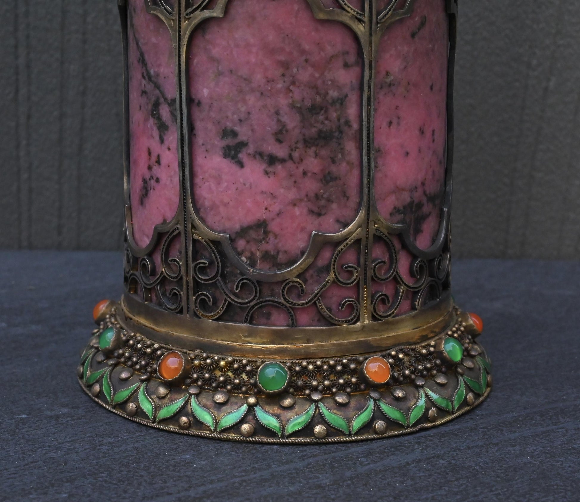 Antique Chinese Silver Enamel Tea Caddy With Fine Gems All Around