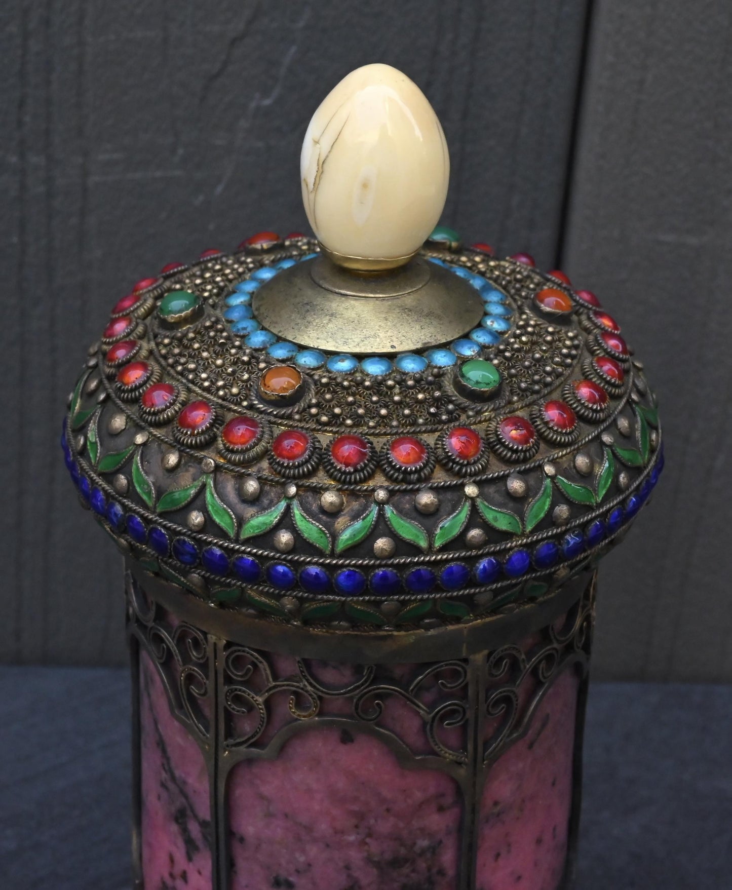 Antique Chinese Silver Enamel Tea Caddy With Fine Gems All Around