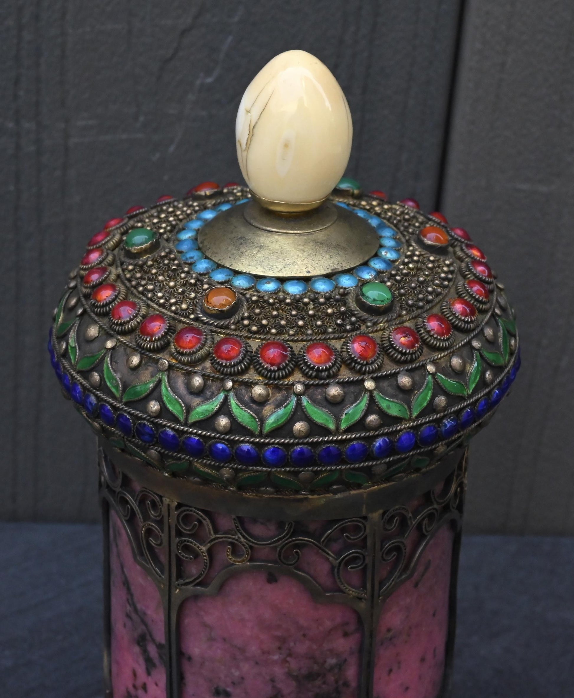 Antique Chinese Silver Enamel Tea Caddy With Fine Gems All Around