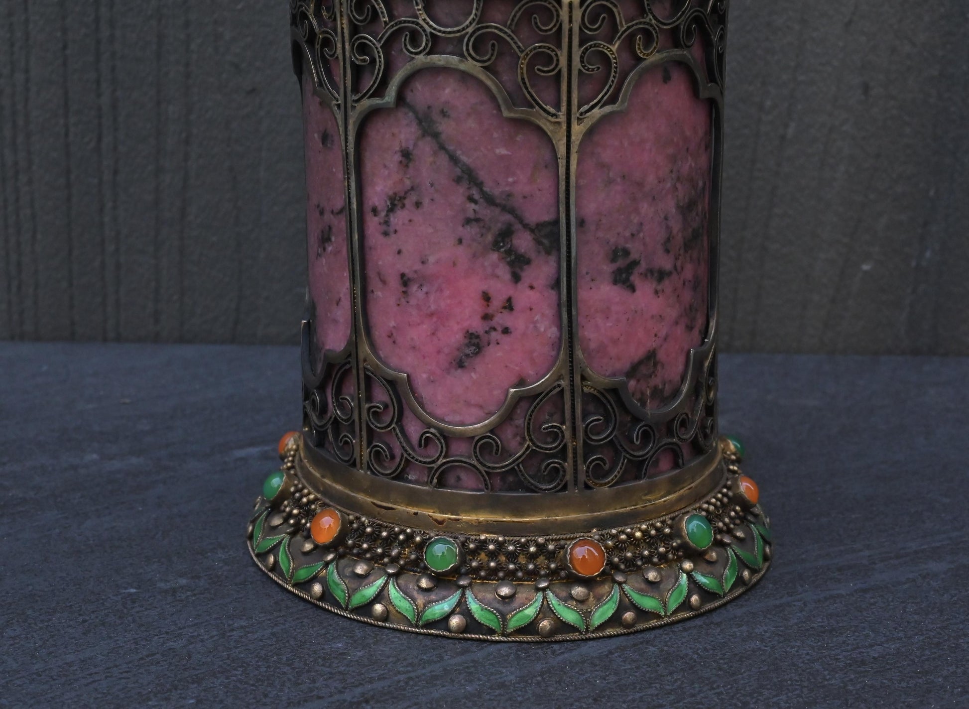 Antique Chinese Silver Enamel Tea Caddy With Fine Gems All Around
