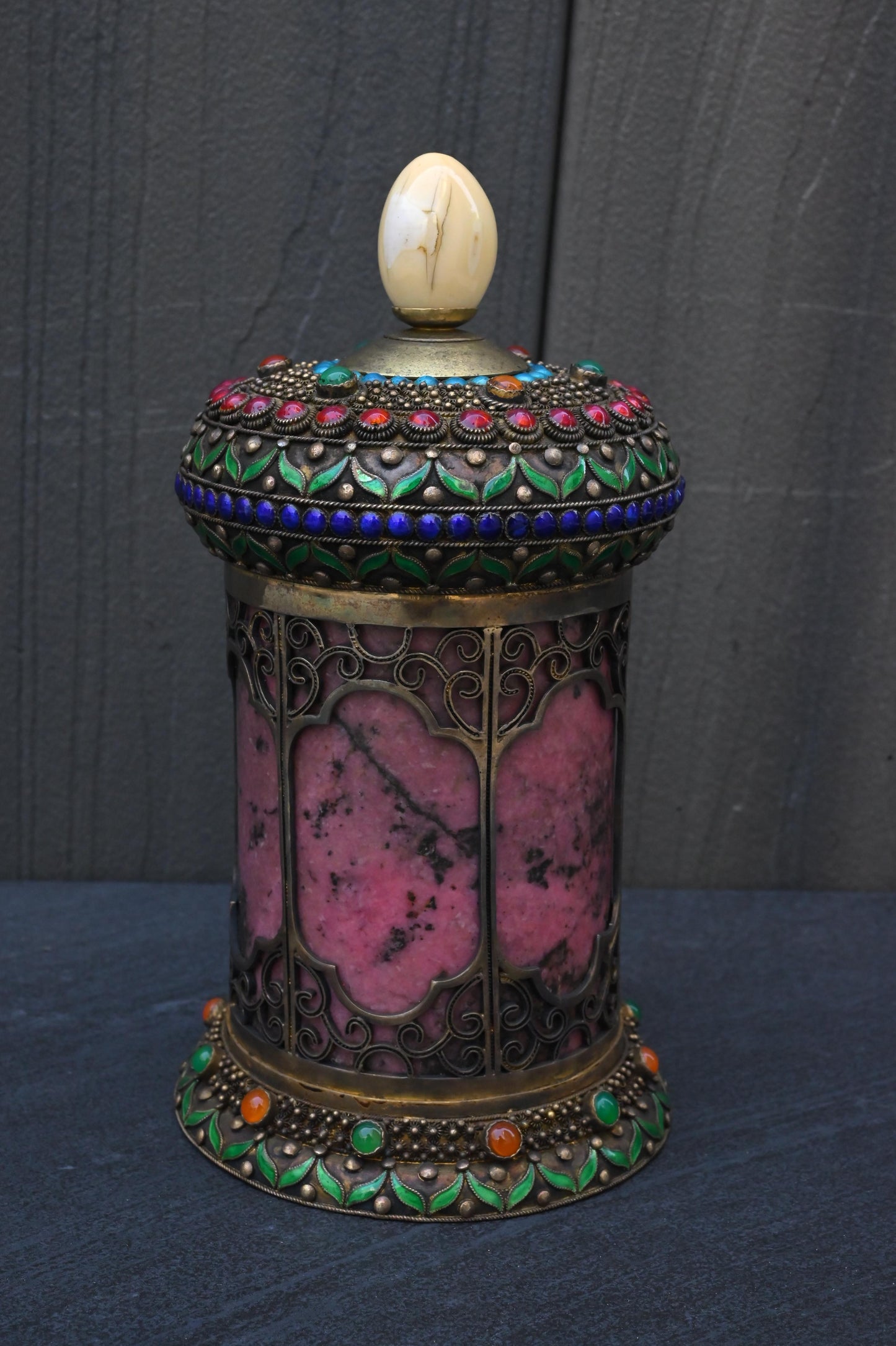 Antique Chinese Silver Enamel Tea Caddy With Fine Gems All Around