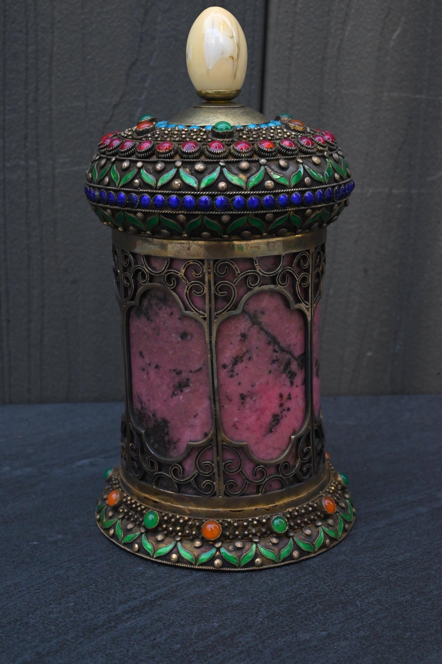 Antique Chinese Silver Enamel Tea Caddy With Fine Gems All Around