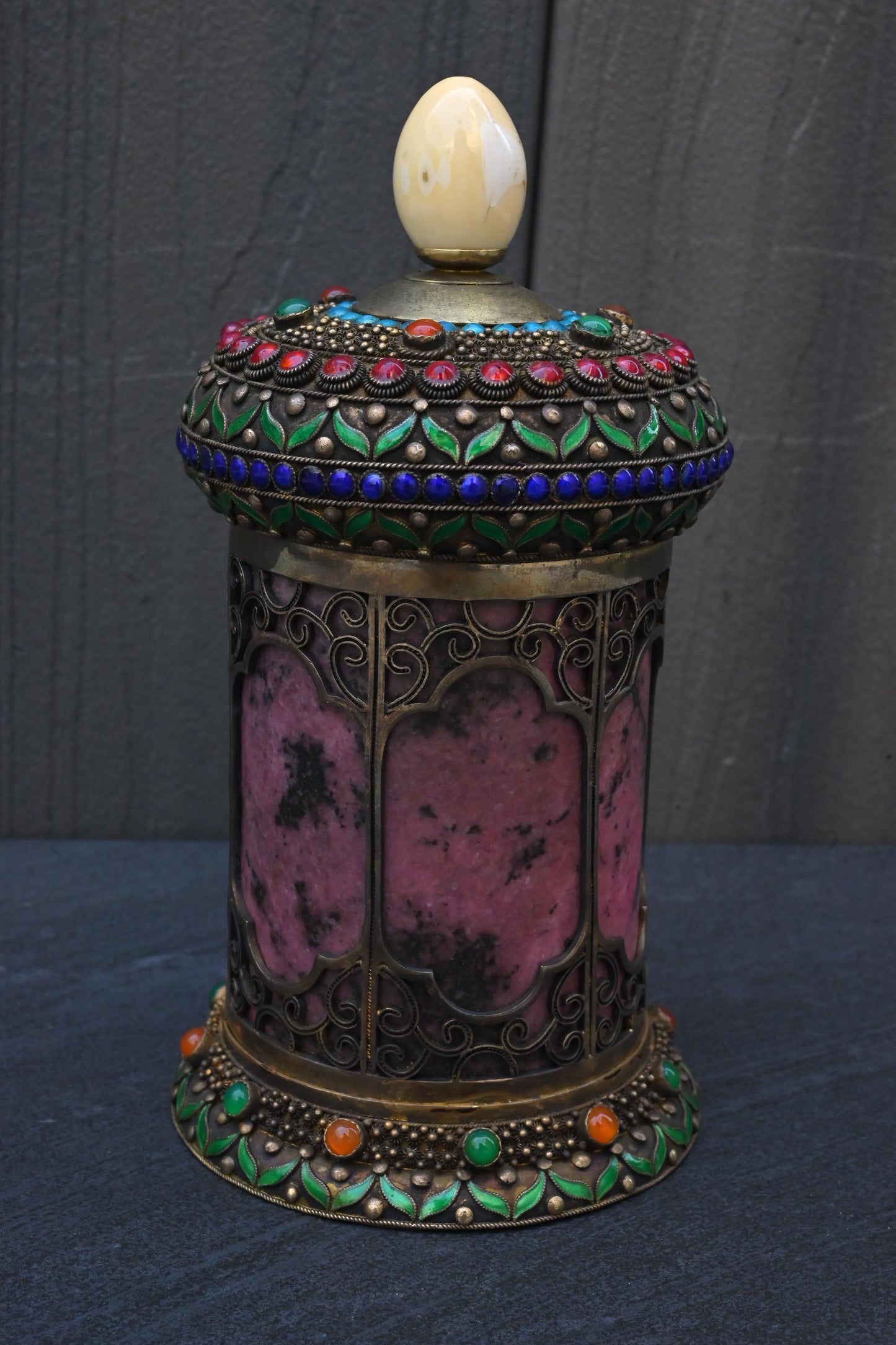 Antique Chinese Silver Enamel Tea Caddy With Fine Gems All Around