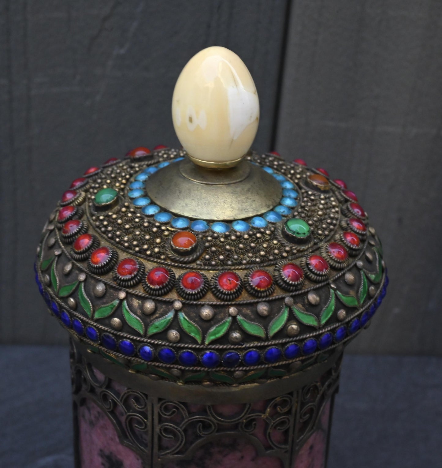 Antique Chinese Silver Enamel Tea Caddy With Fine Gems All Around