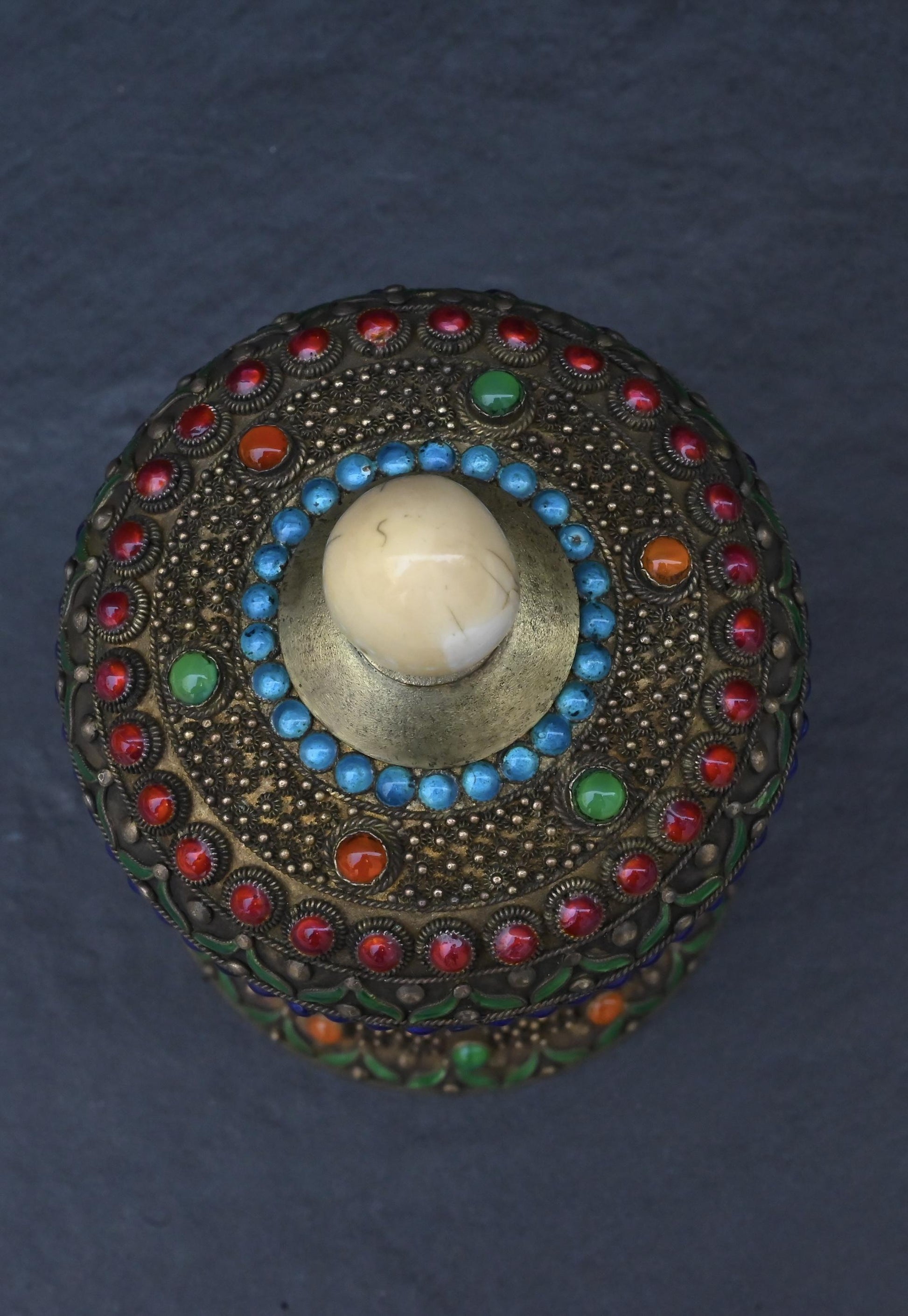 Antique Chinese Silver Enamel Tea Caddy With Fine Gems All Around