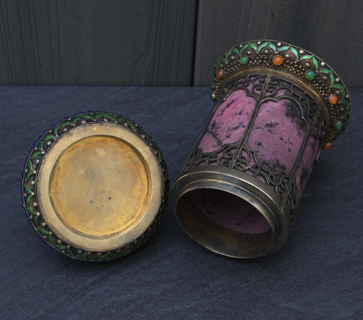 Antique Chinese Silver Enamel Tea Caddy With Fine Gems All Around