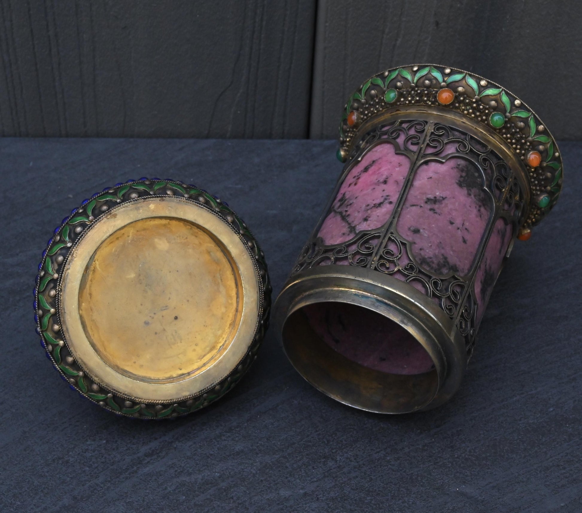 Antique Chinese Silver Enamel Tea Caddy With Fine Gems All Around
