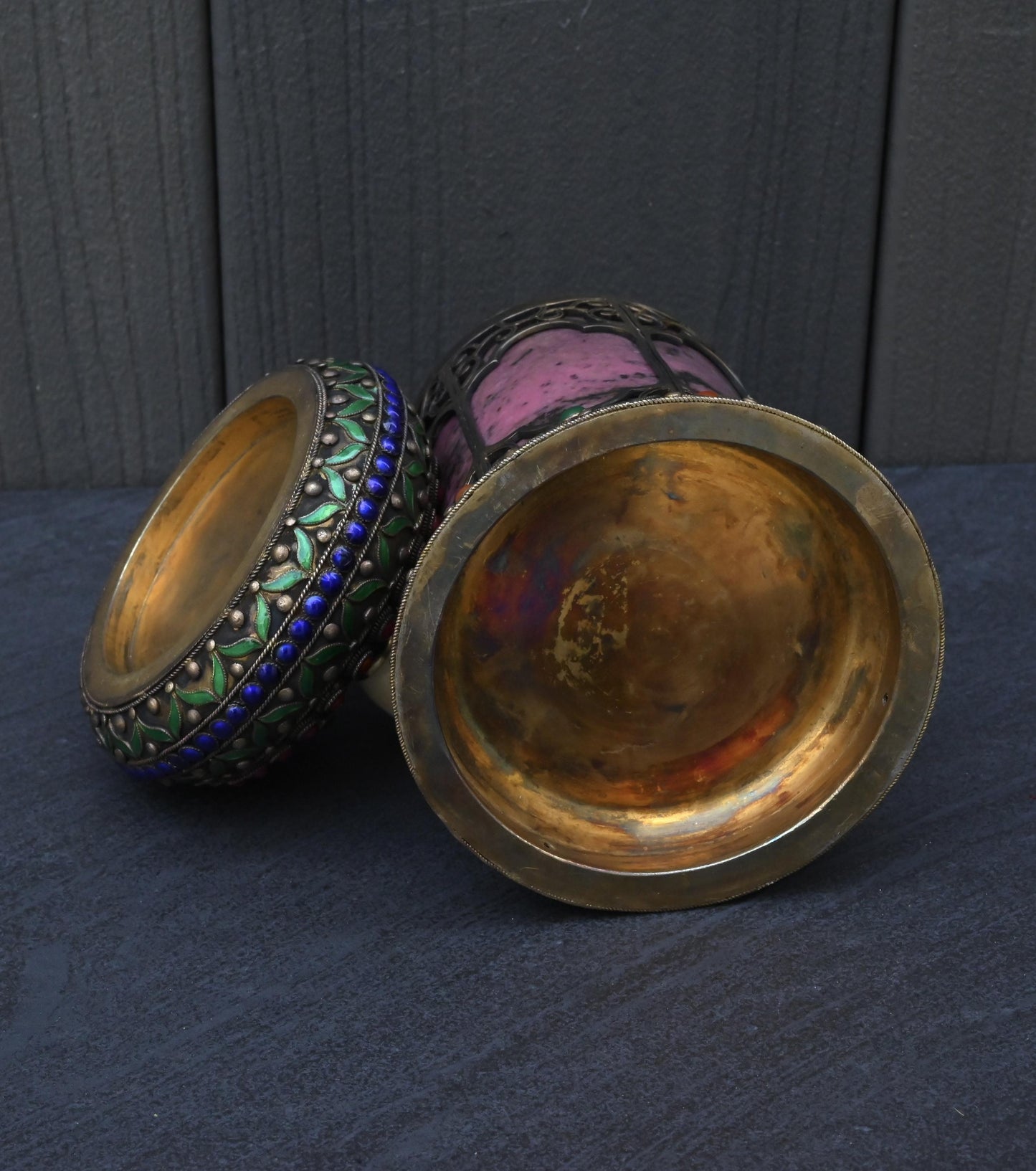 Antique Chinese Silver Enamel Tea Caddy With Fine Gems All Around