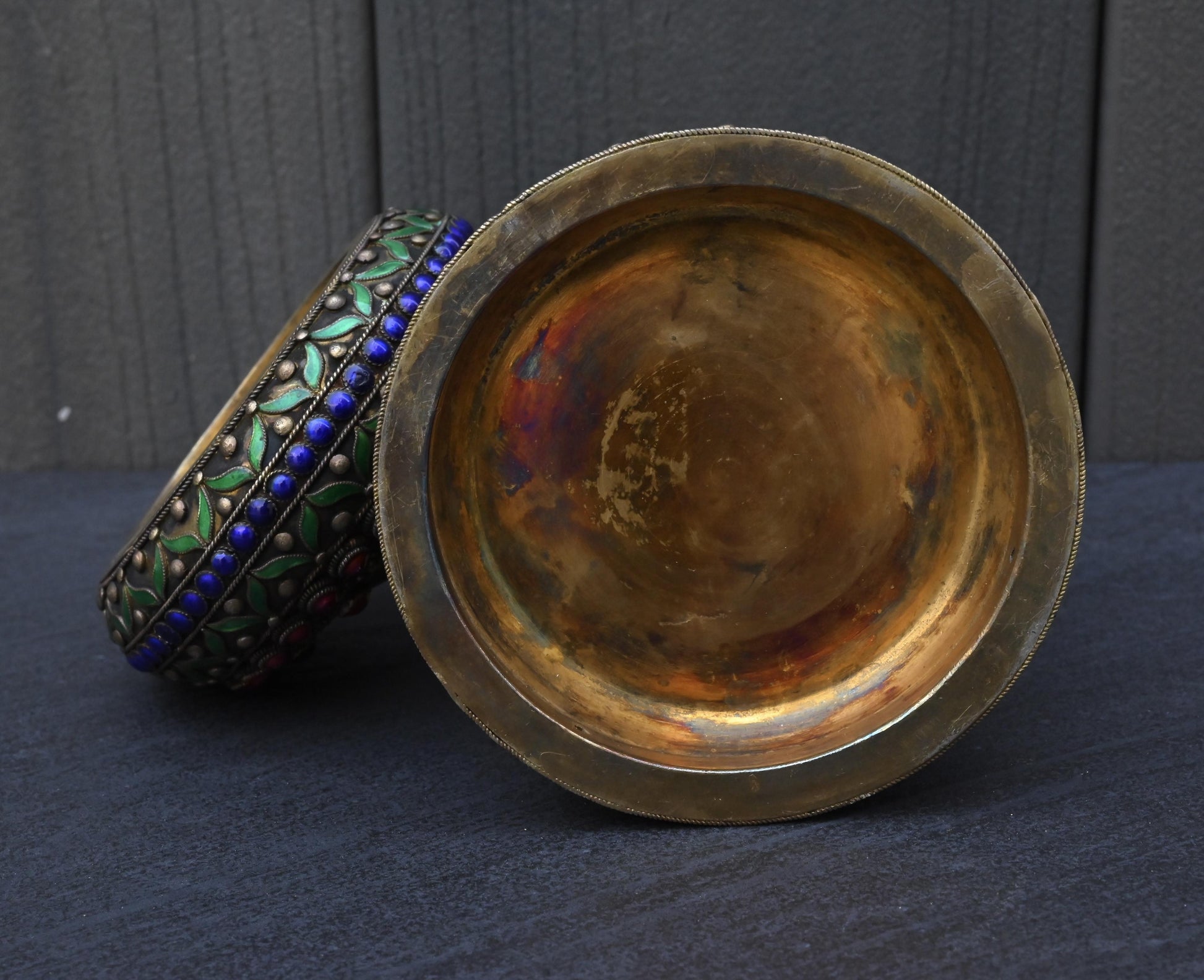 Antique Chinese Silver Enamel Tea Caddy With Fine Gems All Around