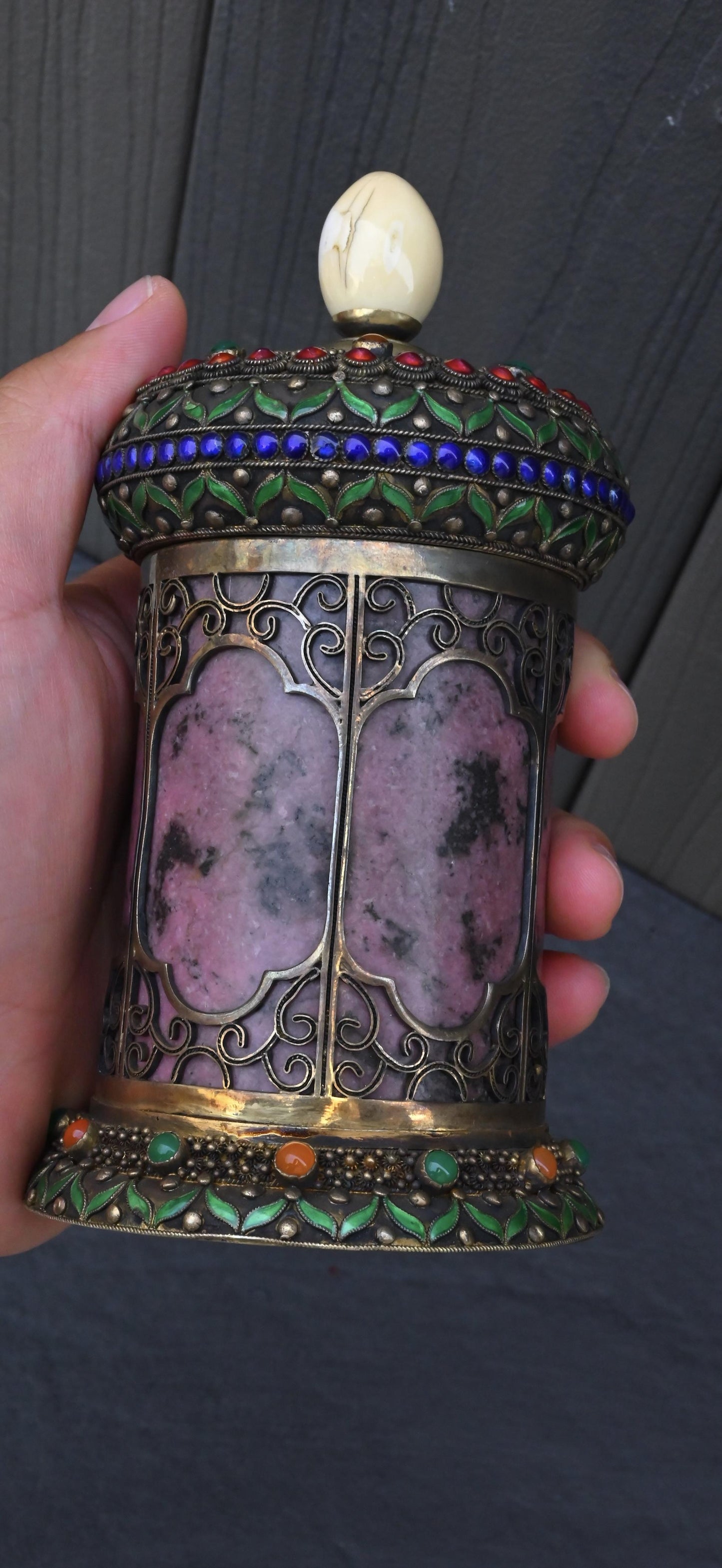 Antique Chinese Silver Enamel Tea Caddy With Fine Gems All Around