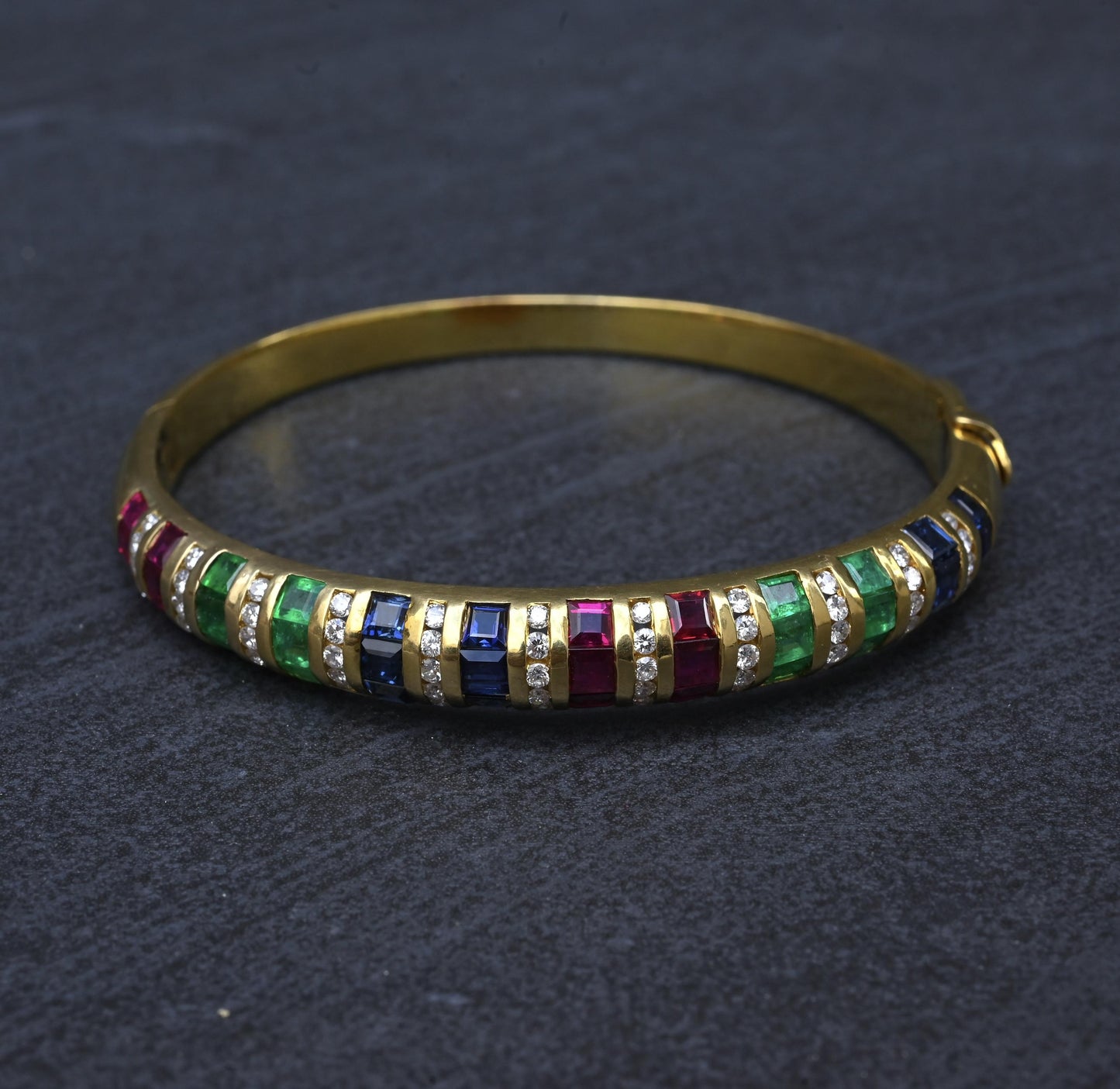 18K Yellow Gold Ruby, Sapphire, Emerald, Diamond Hinged Bangle Bracelet 9.00 TCW