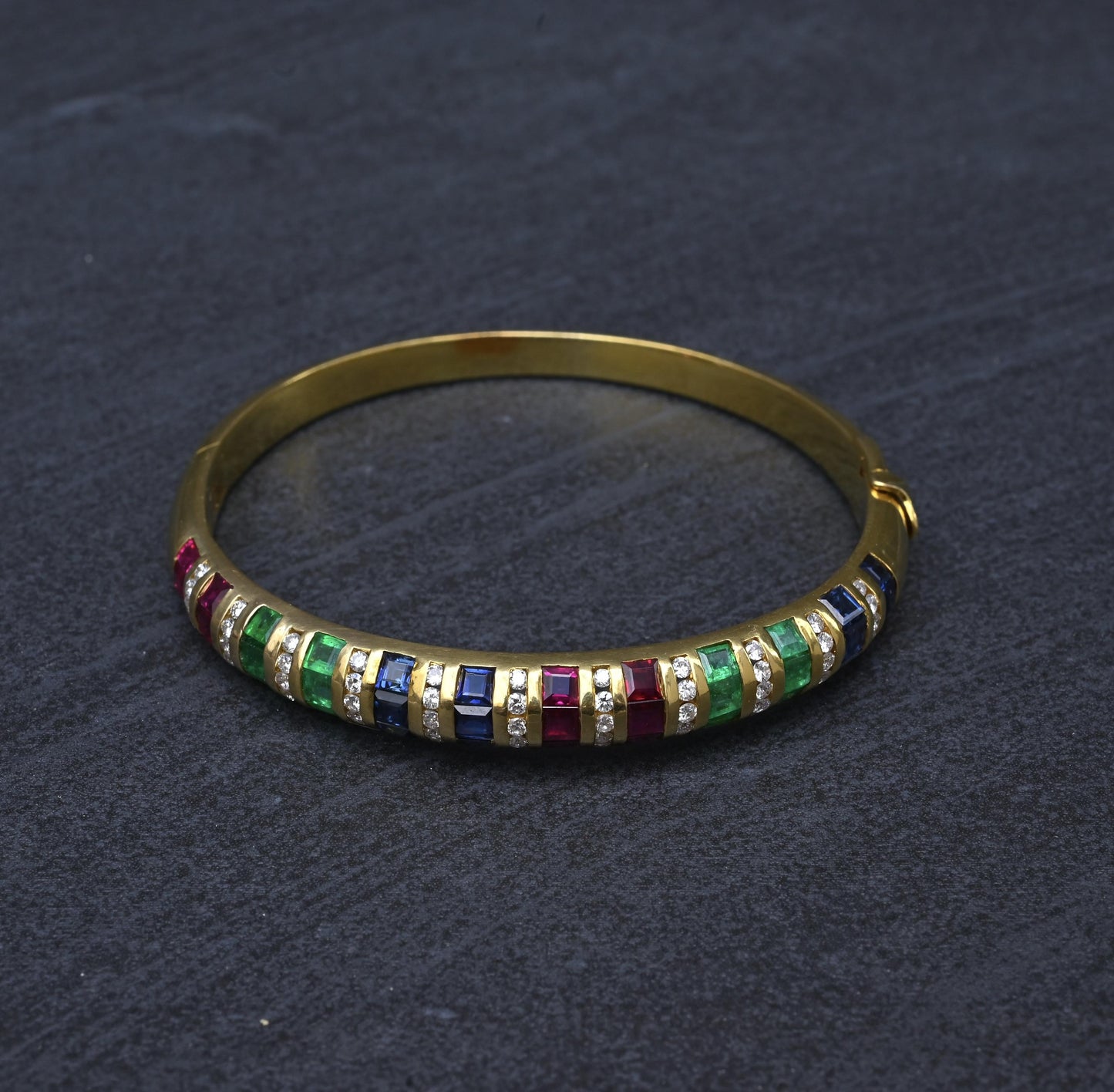 18K Yellow Gold Ruby, Sapphire, Emerald, Diamond Hinged Bangle Bracelet 9.00 TCW