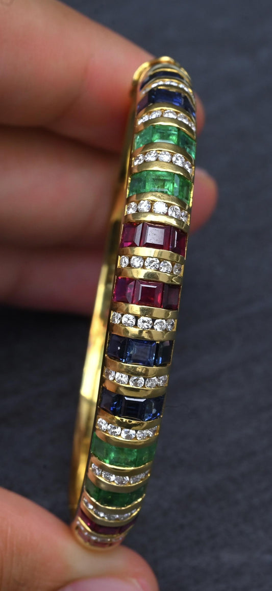 18K Yellow Gold Ruby, Sapphire, Emerald, Diamond Hinged Bangle Bracelet 9.00 TCW