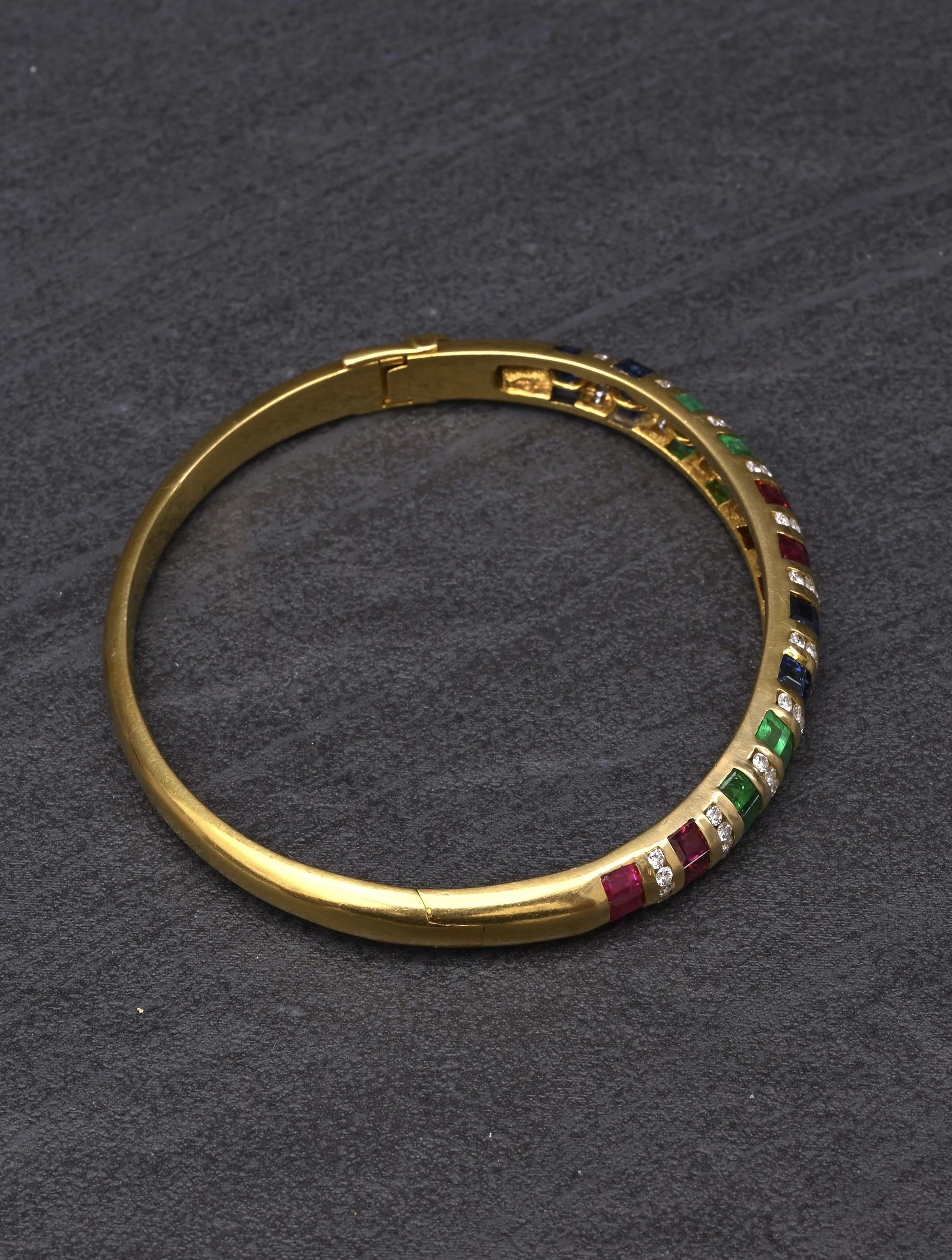 18K Yellow Gold Ruby, Sapphire, Emerald, Diamond Hinged Bangle Bracelet 9.00 TCW