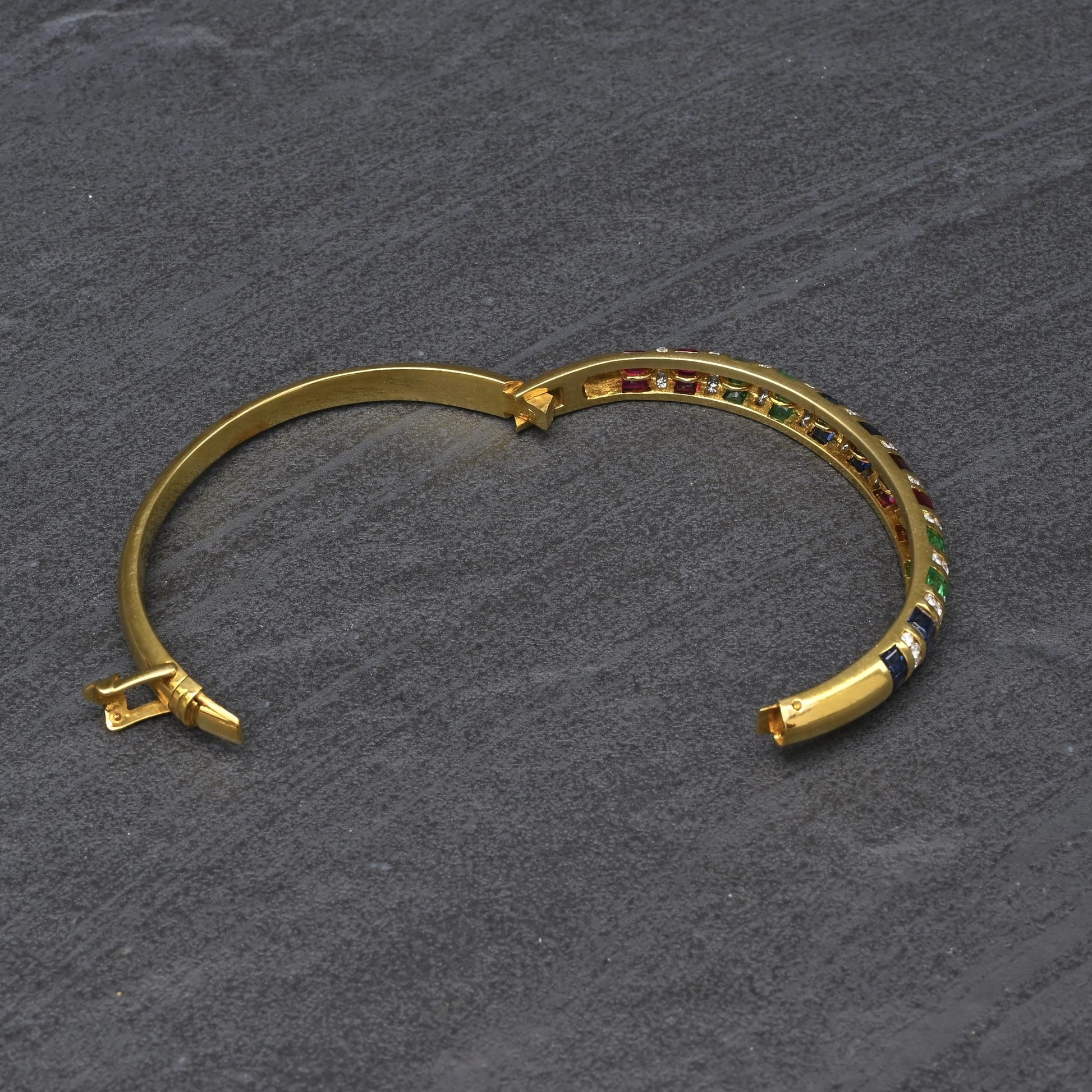 18K Yellow Gold Ruby, Sapphire, Emerald, Diamond Hinged Bangle Bracelet 9.00 TCW