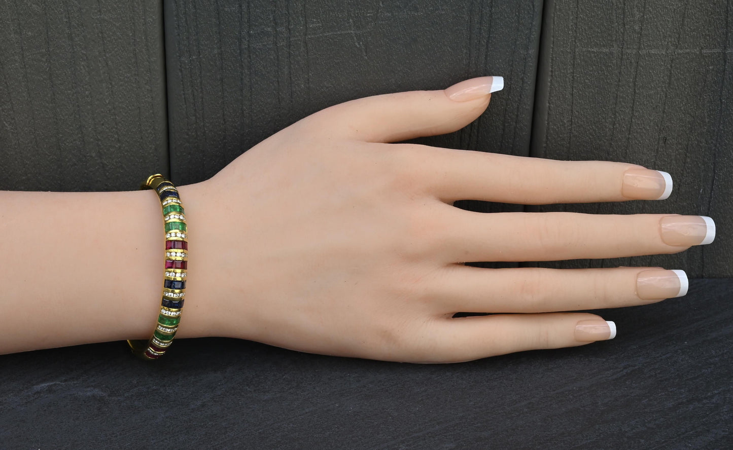 18K Yellow Gold Ruby, Sapphire, Emerald, Diamond Hinged Bangle Bracelet 9.00 TCW