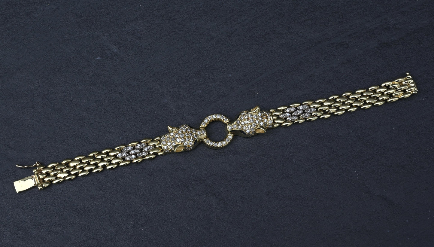 IGI Certified 14K Yellow Gold Panther Motif Diamond & Sapphire Link Bracelet