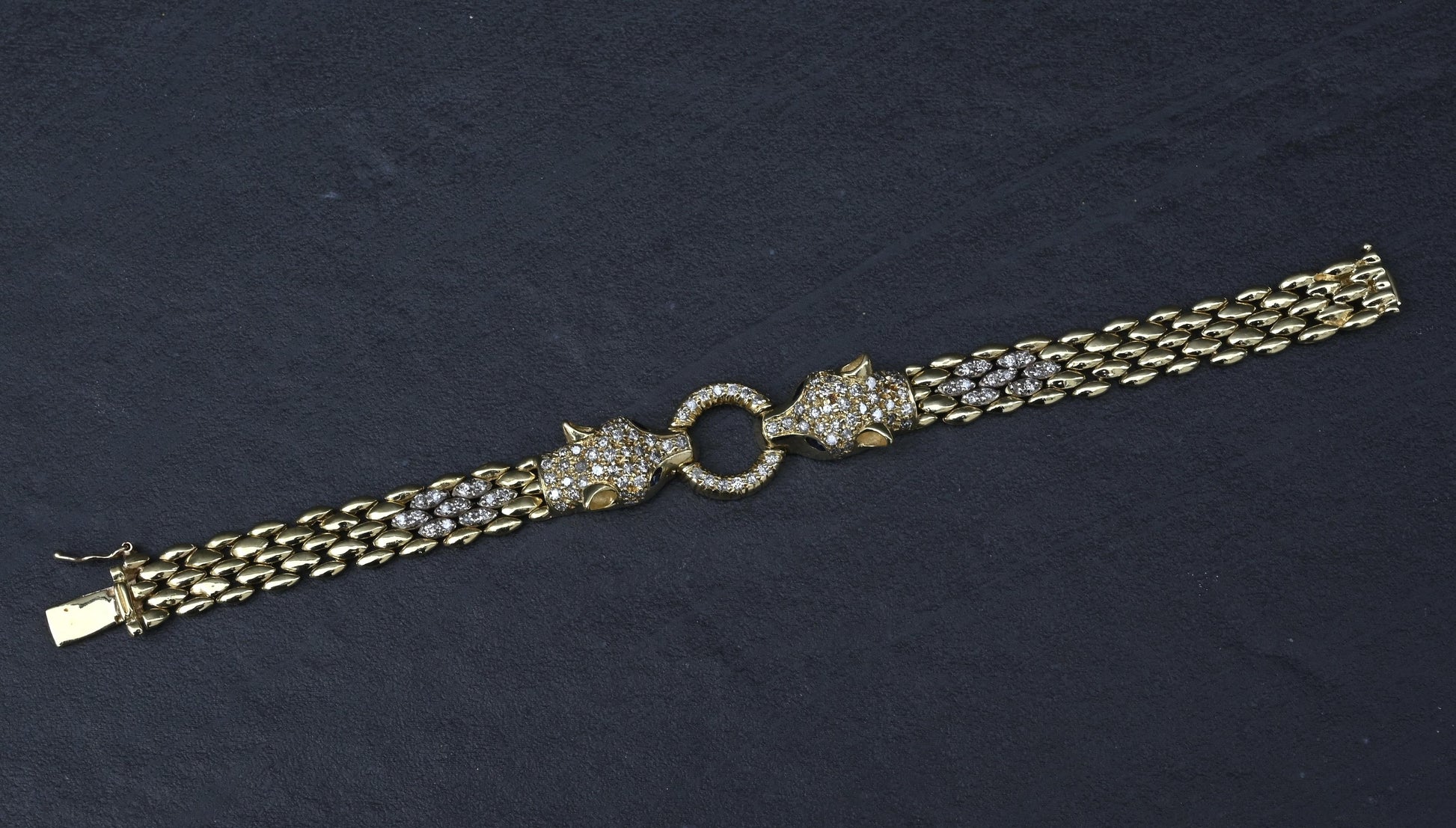 IGI Certified 14K Yellow Gold Panther Motif Diamond & Sapphire Link Bracelet