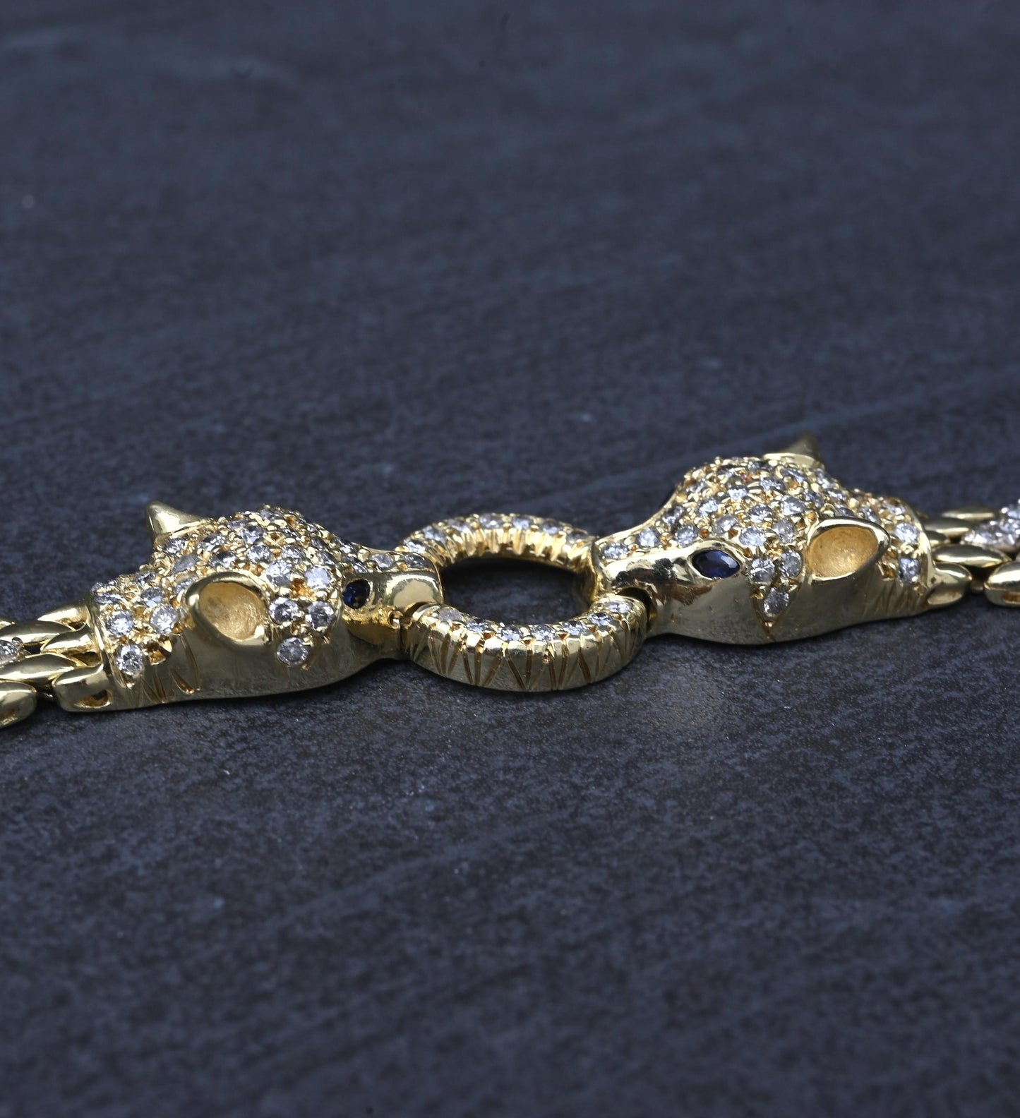 IGI Certified 14K Yellow Gold Panther Motif Diamond & Sapphire Link Bracelet