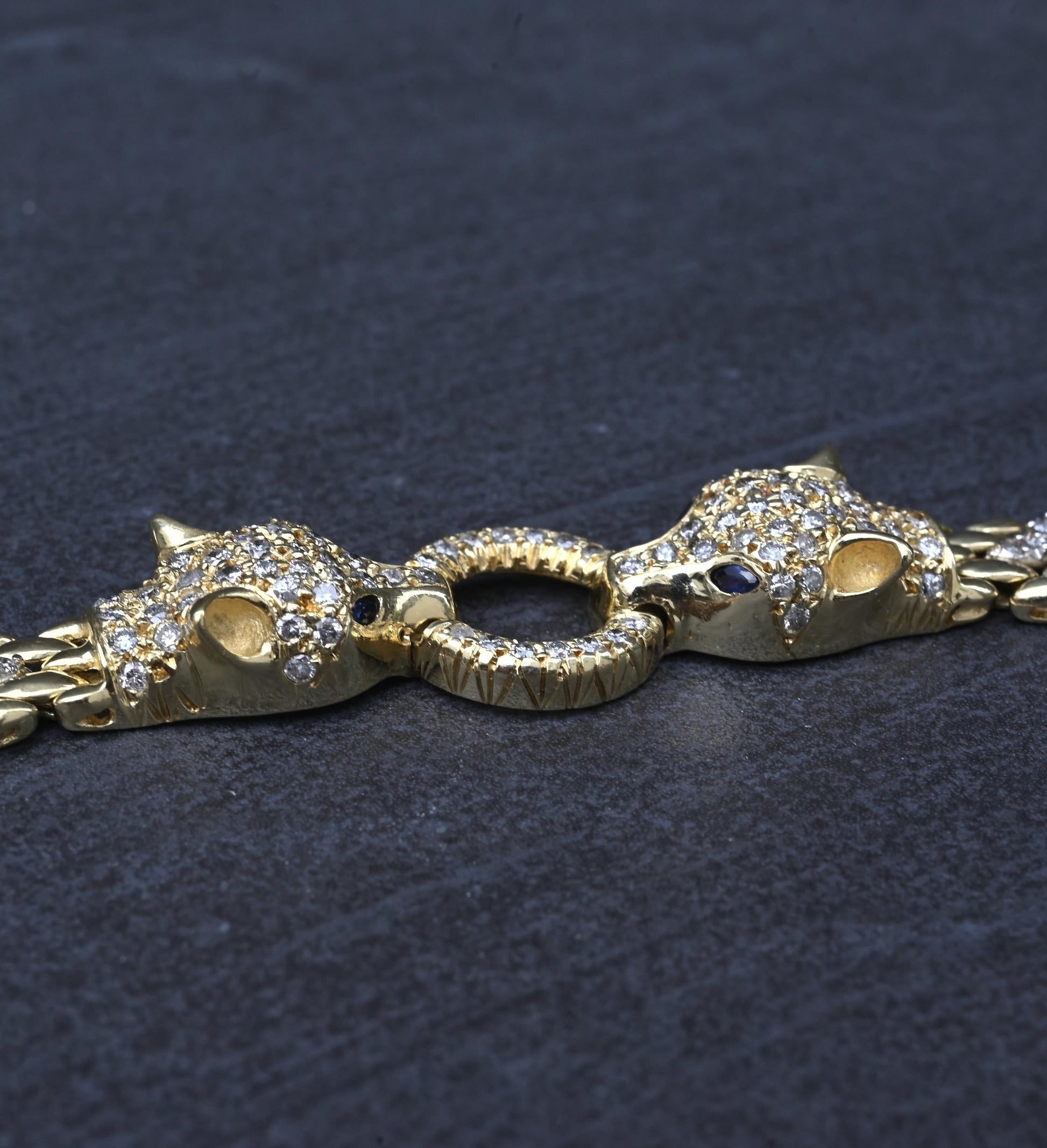 IGI Certified 14K Yellow Gold Panther Motif Diamond & Sapphire Link Bracelet