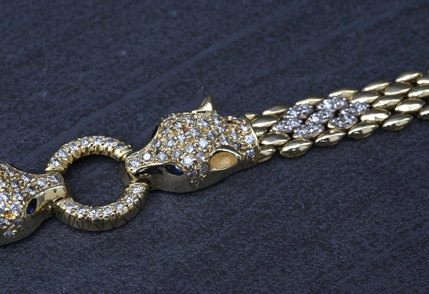 IGI Certified 14K Yellow Gold Panther Motif Diamond & Sapphire Link Bracelet