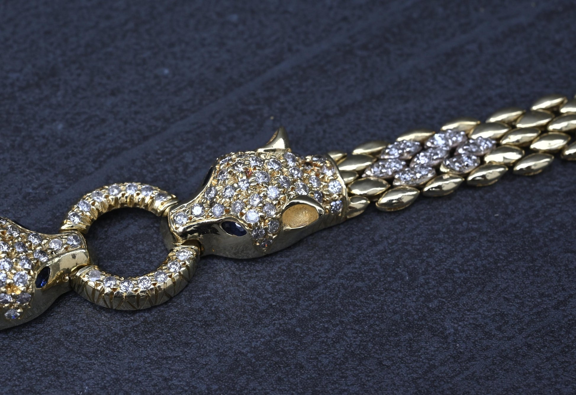 IGI Certified 14K Yellow Gold Panther Motif Diamond & Sapphire Link Bracelet