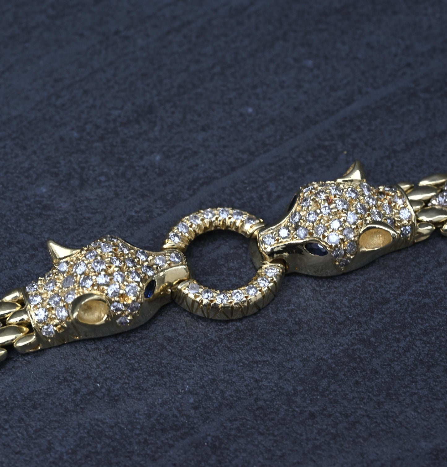 IGI Certified 14K Yellow Gold Panther Motif Diamond & Sapphire Link Bracelet