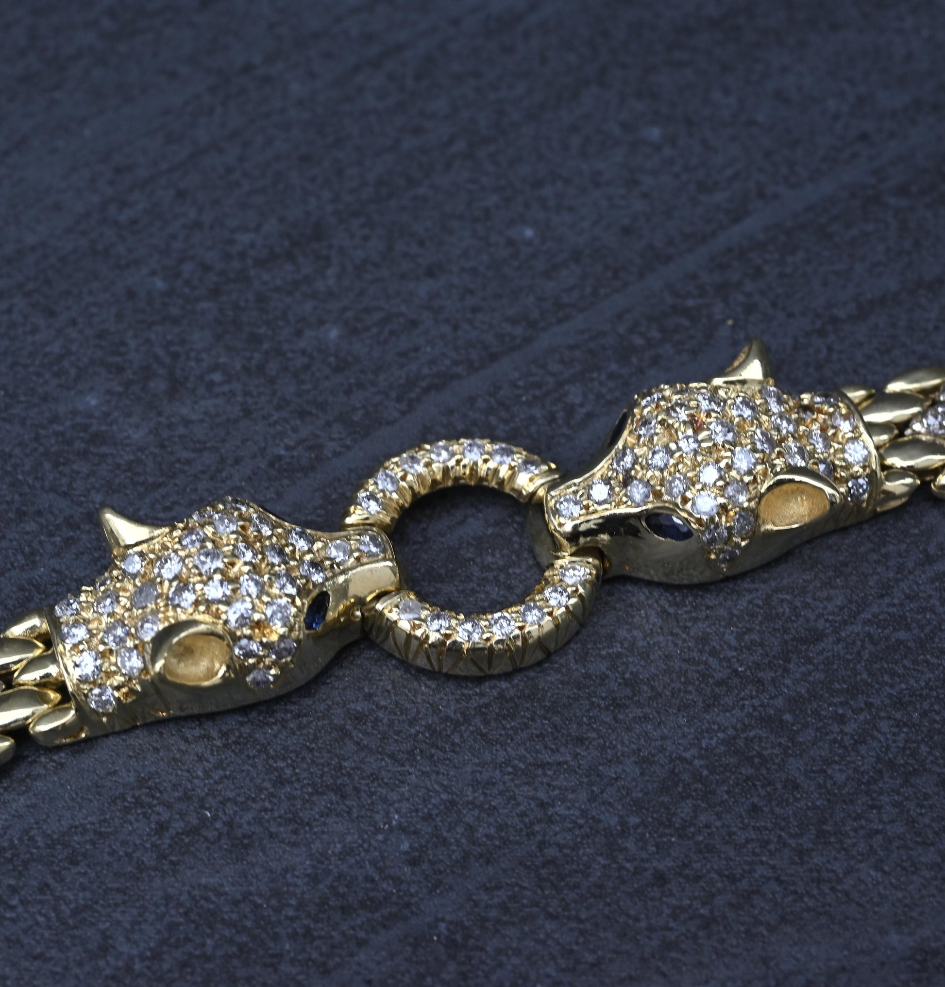 IGI Certified 14K Yellow Gold Panther Motif Diamond & Sapphire Link Bracelet
