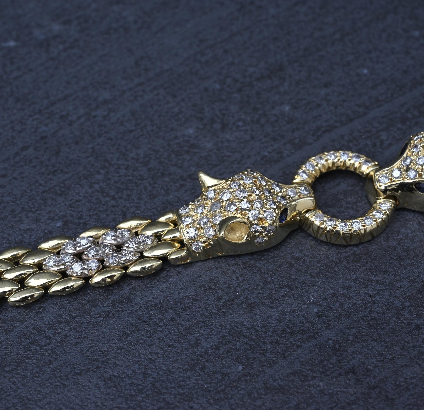 IGI Certified 14K Yellow Gold Panther Motif Diamond & Sapphire Link Bracelet