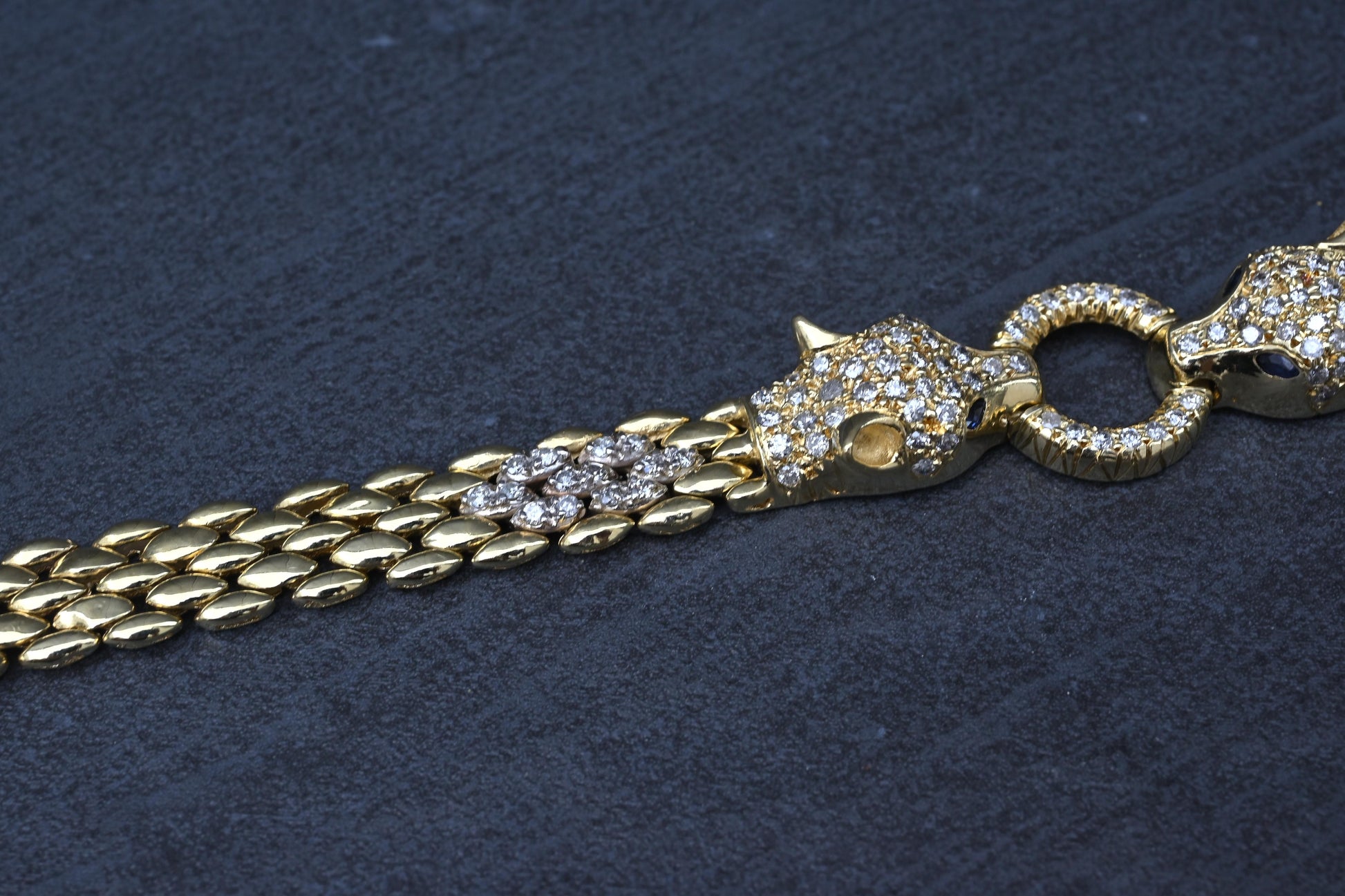 IGI Certified 14K Yellow Gold Panther Motif Diamond & Sapphire Link Bracelet