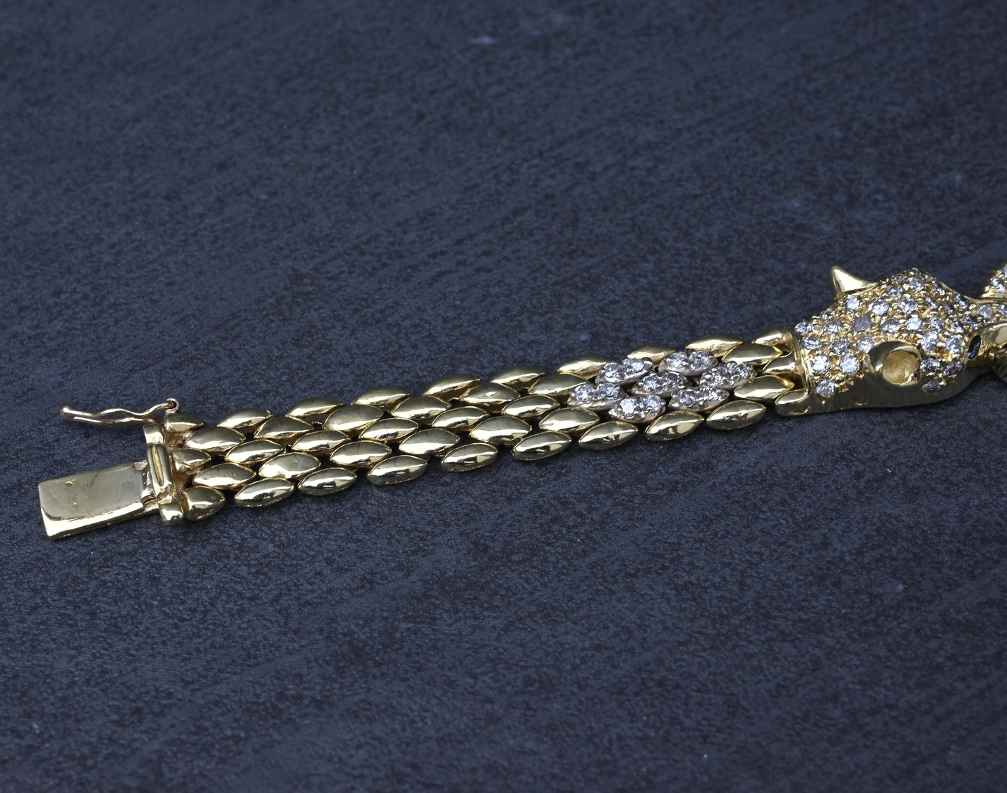 IGI Certified 14K Yellow Gold Panther Motif Diamond & Sapphire Link Bracelet