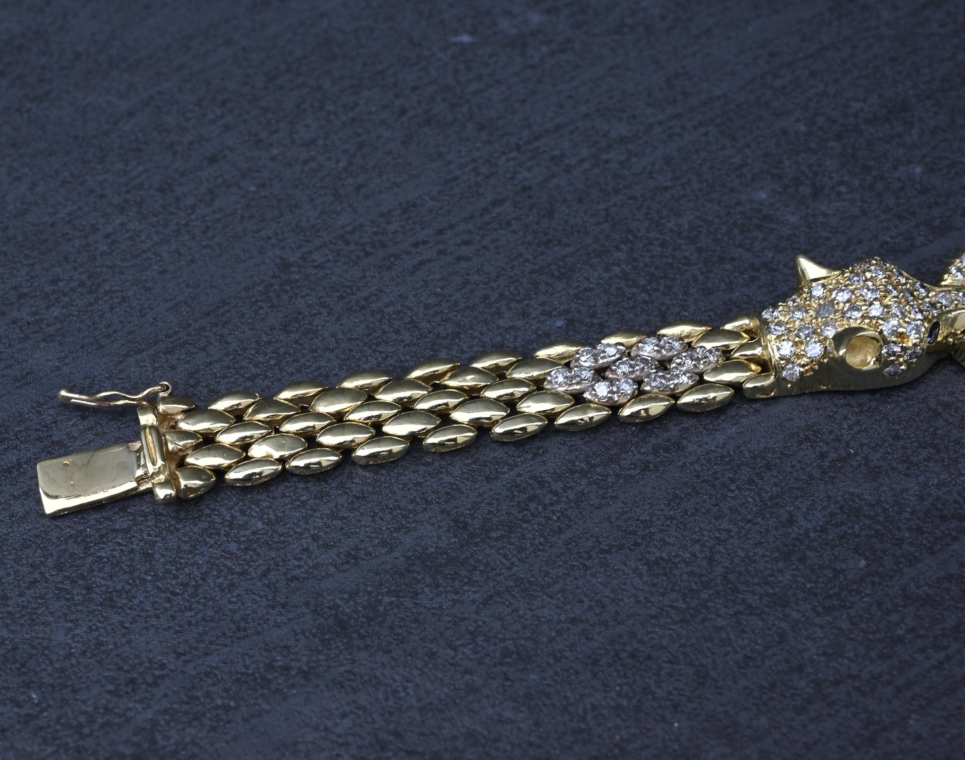 IGI Certified 14K Yellow Gold Panther Motif Diamond & Sapphire Link Bracelet
