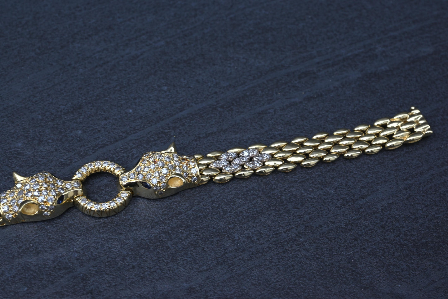 IGI Certified 14K Yellow Gold Panther Motif Diamond & Sapphire Link Bracelet