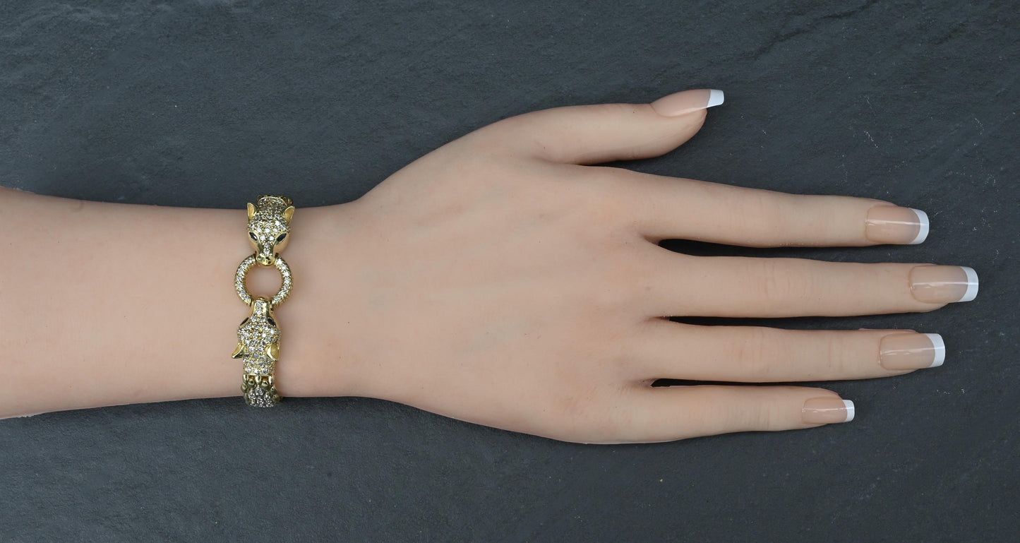 IGI Certified 14K Yellow Gold Panther Motif Diamond & Sapphire Link Bracelet