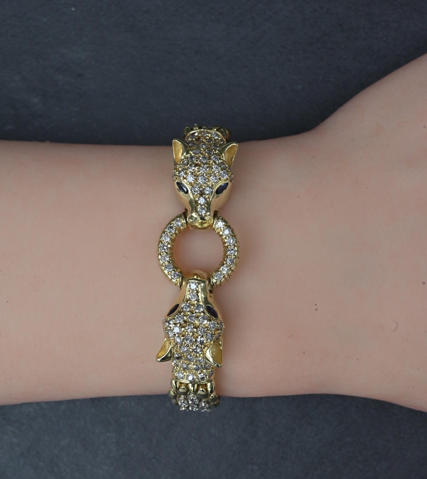 IGI Certified 14K Yellow Gold Panther Motif Diamond & Sapphire Link Bracelet