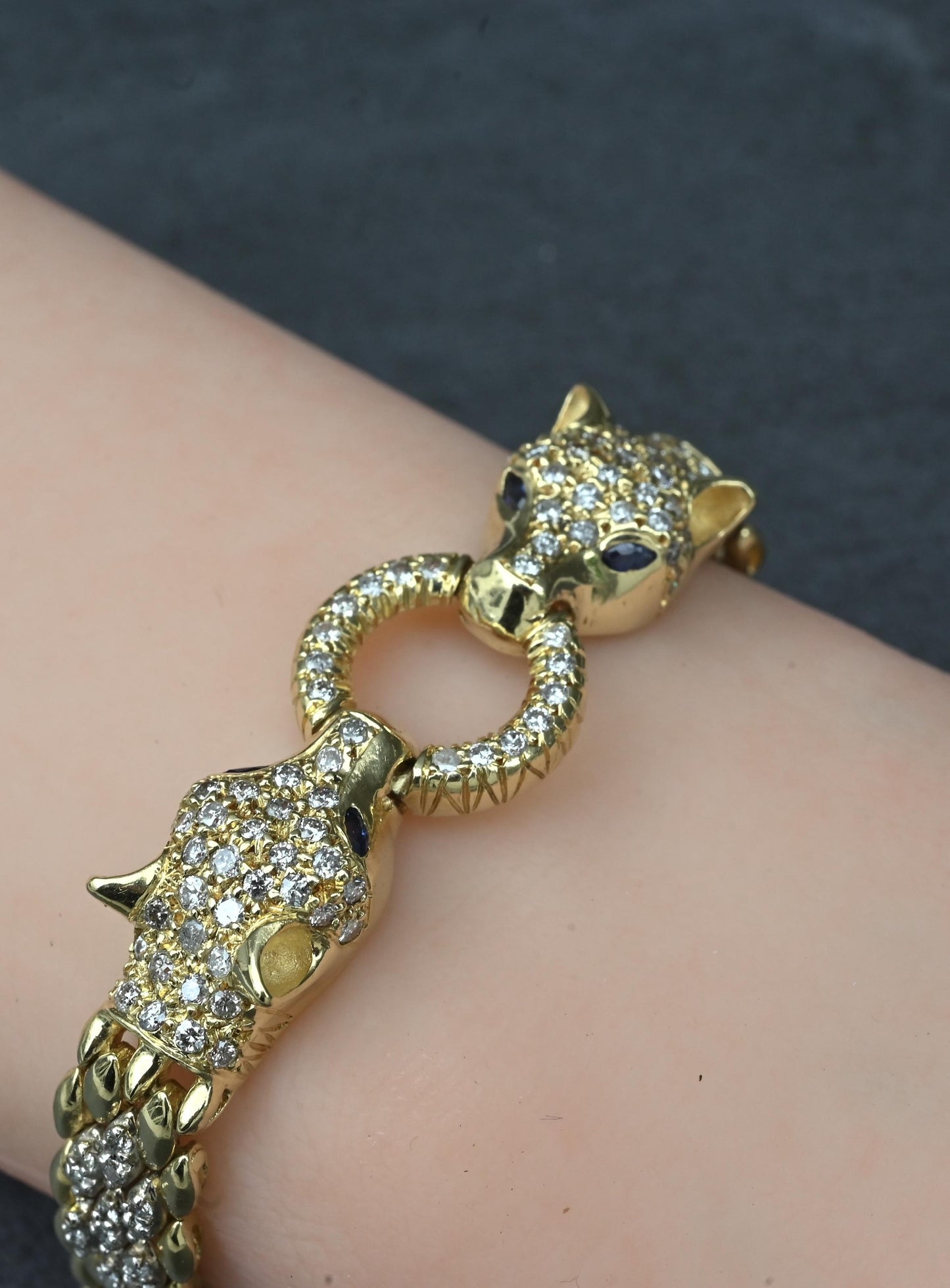 IGI Certified 14K Yellow Gold Panther Motif Diamond & Sapphire Link Bracelet